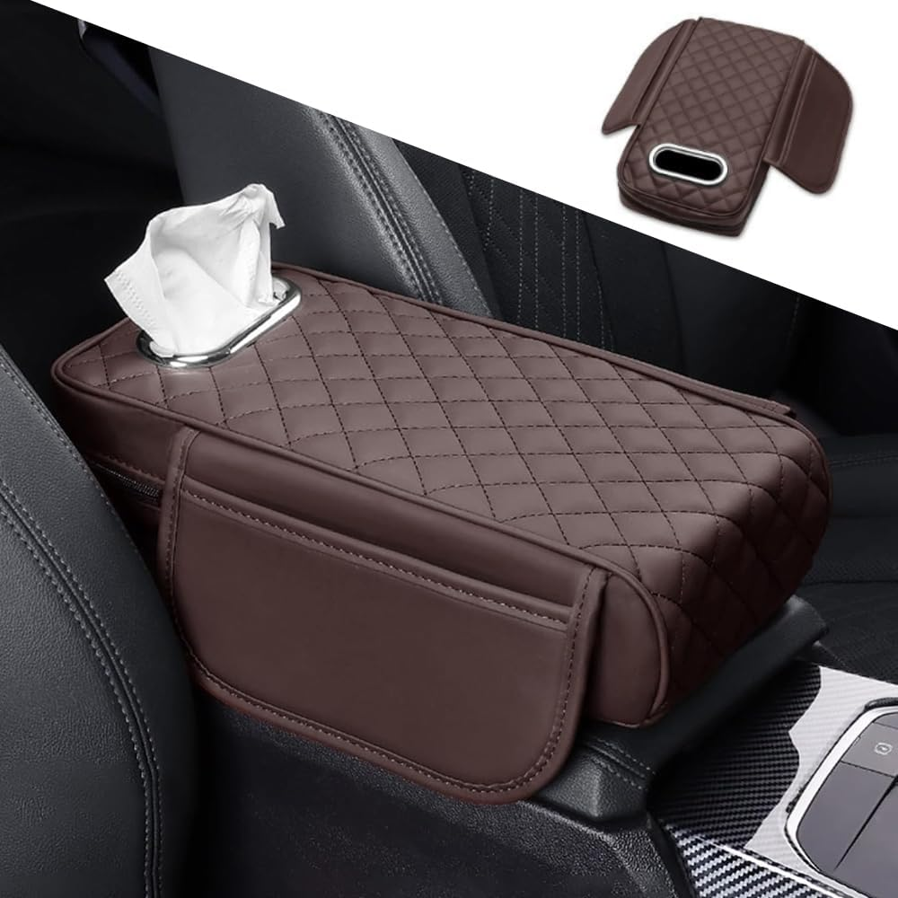 Car Console Armrest Pad with Tissue Box,Car Center Console Cushion with Pocket and Tissue Box,Universal Waterproof Leather Auto Armrest Seat Box Protector,Car Armrest Cover for SUV, Truck (Khaki)