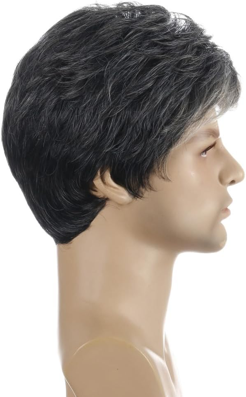 AUBWIG Men'S Black Brown Mixed Light Blonde Wigs Short Hair with Blonde Strands Natural Smooth Fluffy with Fringe Tiered Synthetic Wig for Male Everyday Use image number 5