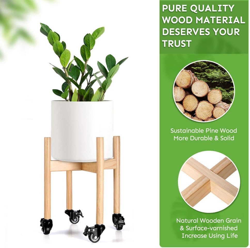 Wood Plant Stand with Wheels &ndash; Movable Plant Holder for 20&ndash;25 CM Pots, Indoor/Outdoor Rolling Flower Rack with Lockable Casters (Natural, 26 X 26 X 30 CM) image number 1