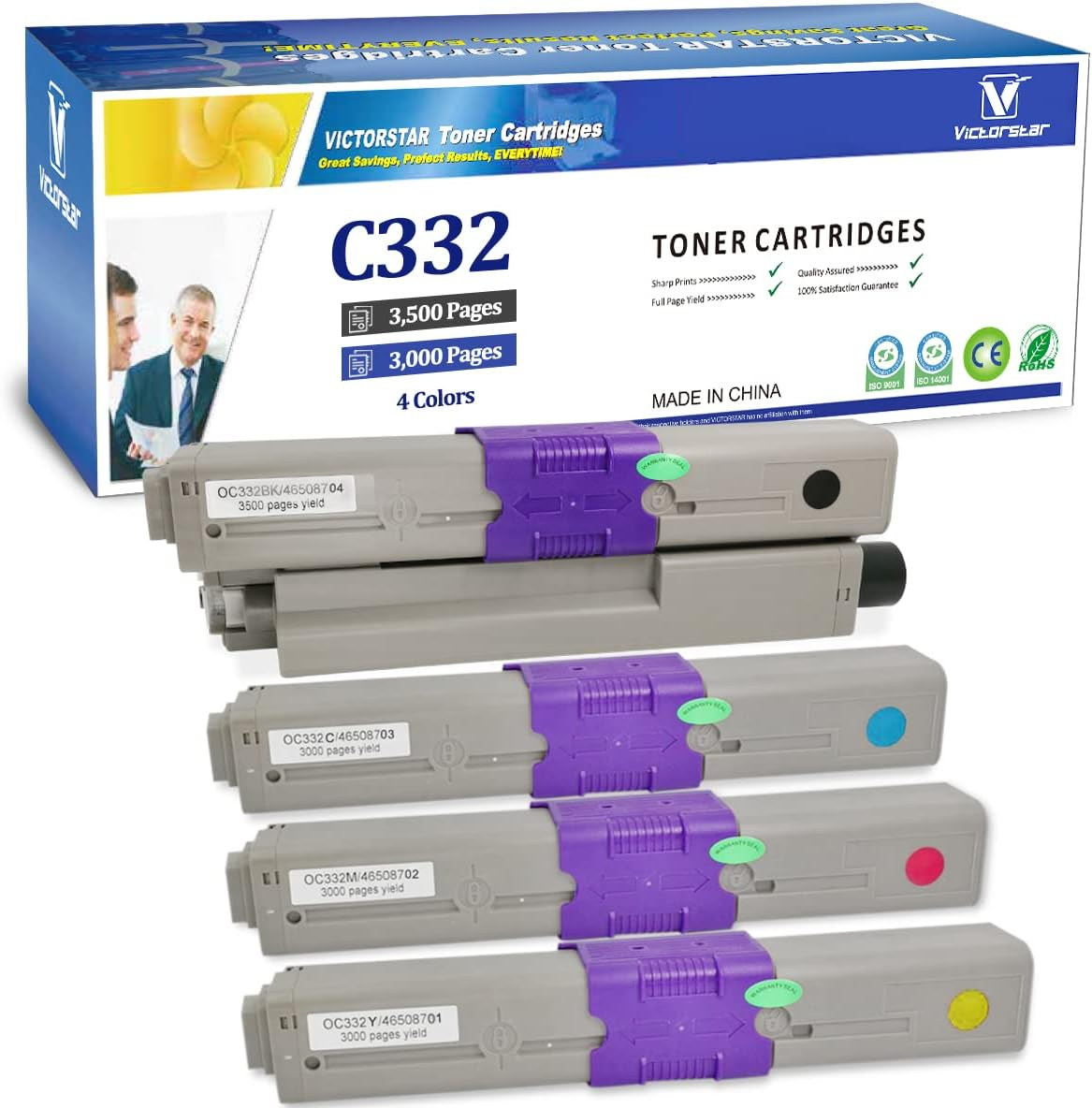 VICTORSTAR Compatible Toner Cartridges C332 MC363 C332Dn Mc363Dn C332Dnw Mc332Dnw 4 Colors 3500 Pages for Black 3000 Pages for C M Y for OKI Okidata Color Laser Printers image number 1
