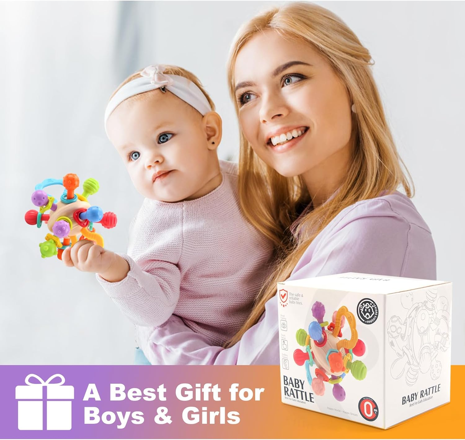 Jenilily Baby Newborn Rattles Chew Toys, Sensory Montessori Toy Infant Teething Relief Teether, Gifts for 0 3 6 9 12 18 Months Girl Boy Toddler Travel Toy