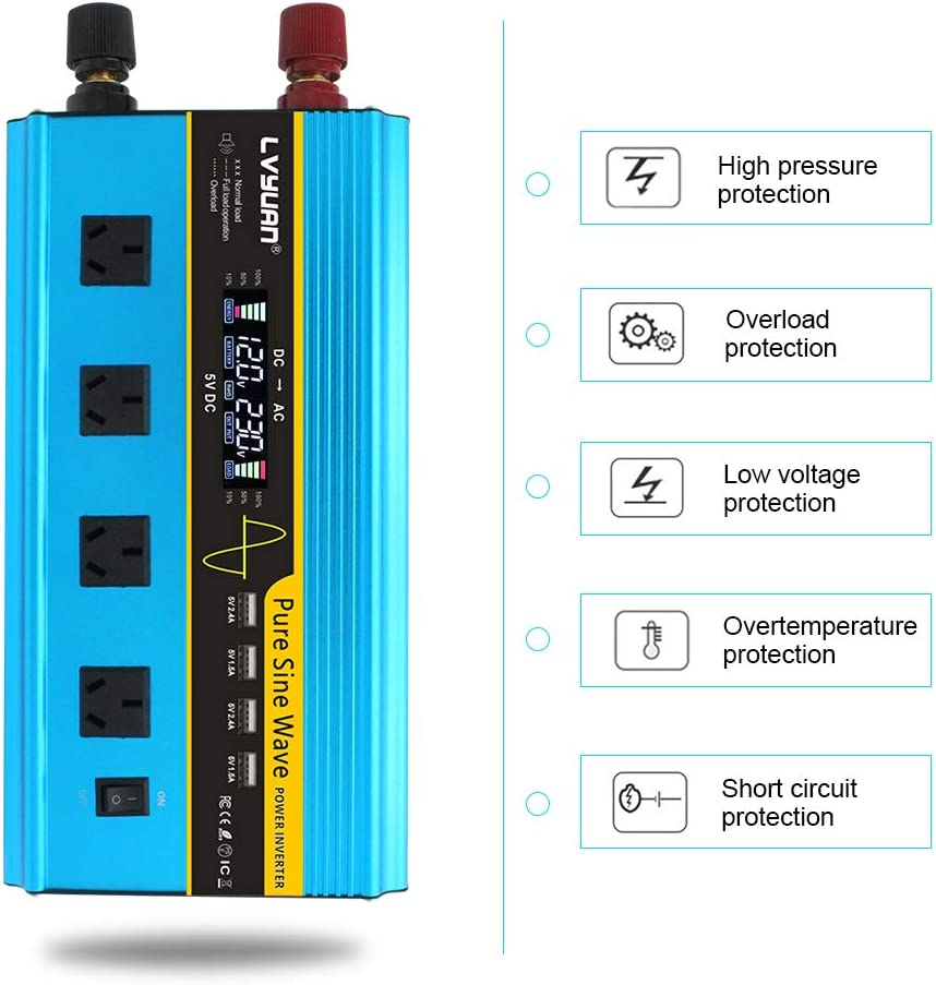Yinleader 3000W/6000W(Peak) Inverter 12V to 240V Pure Sine Wave DC to AC Power Inverter W/LCD Display Remote Controller 4 AC Outlets Charge in Car/Boat/Truck image number 3