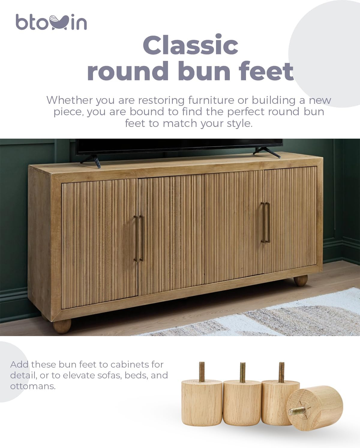 2 Inch Solid Wood Furniture Legs, Btowin 4Pcs Modern round Wooden Bun Feet with Threaded M8 Hanger Bolts & Mounting Plate & Screws for Sofa Couch Cabinet Bed