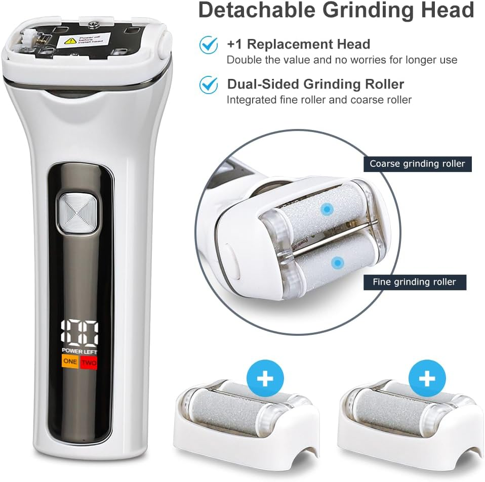 Double Roller Callus Remover Electric with 1 Replacement Roller & 2 Callus Obes, Callus Removal, Electronic Foot Care Callus File with LED Display & Light, 2 Gear Foot Care Device Pedicure Set
