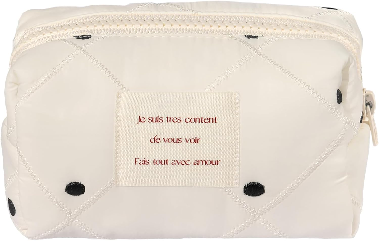 Sminra White Makeup Bag Small Nylon Cotton Quilted Cosmetic Makeup Bag Organizer, Aesthetic Floral Waterproof Portable Pouch Purse Toiletry Bag for Women Girls Travel Accessories, White Lace-S,