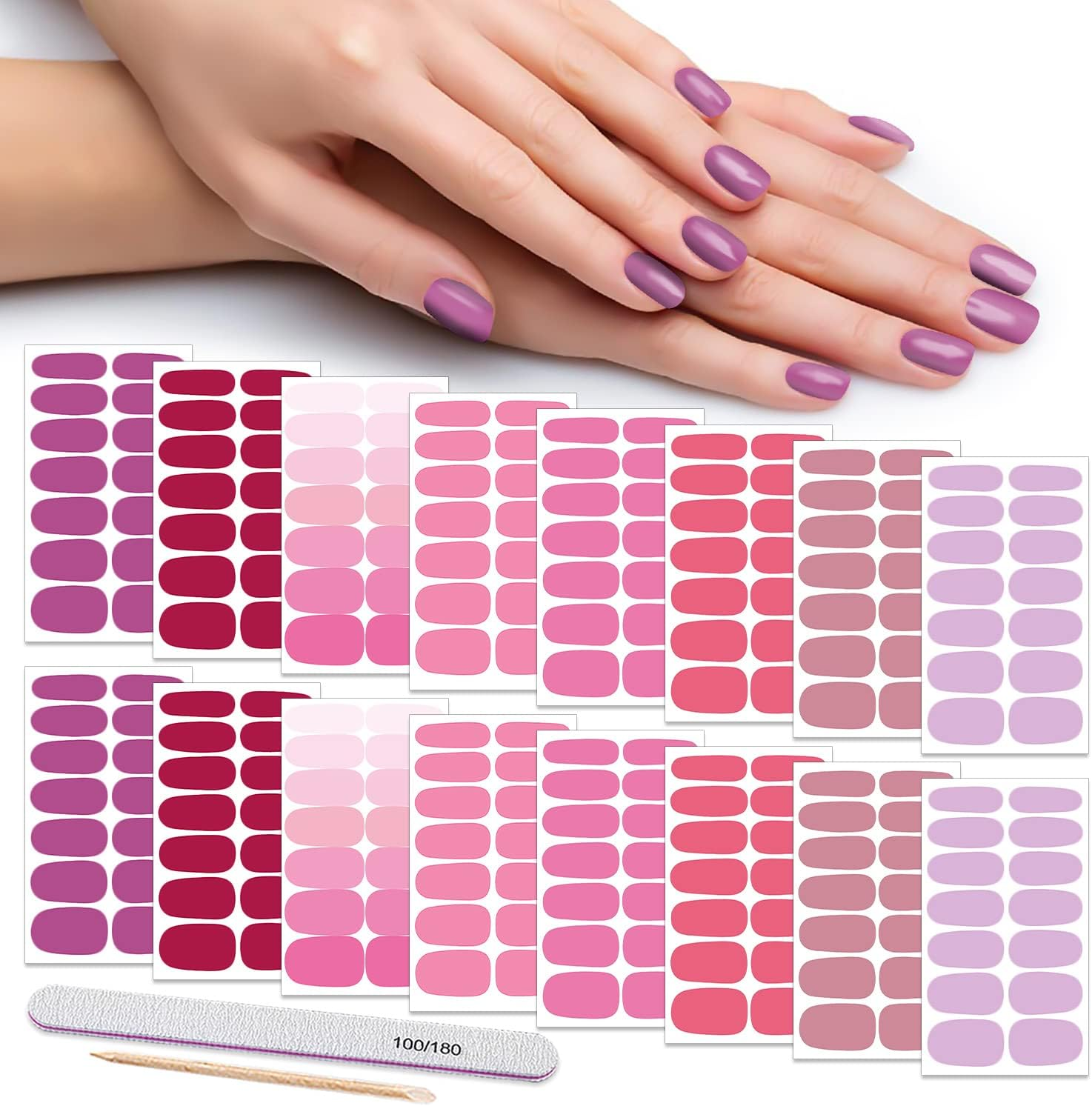 DANNEASY 16 Sheets Nail Wraps for Women Nail Polish Strips Solid Color Self Adhesive Sticker Nails Acrylic Nail Art Accessories with 1Pc File, Cuticle Stick (Pink Red)