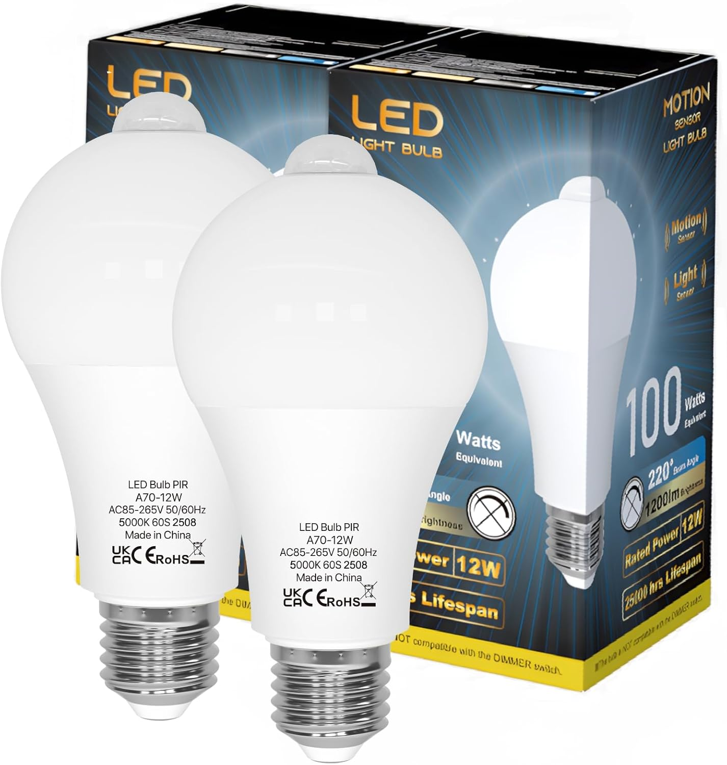 LUTW Motion Sensor Light Bulb, 12W E27 Screw Bulb Daylight White 5000K, Equivalent to 100W Incandescent, 900LM Auto On/Off Indoor Outdoor Security LED Bulb for Garage, Stairs, Hallway Basement, 2 Pack image number 2