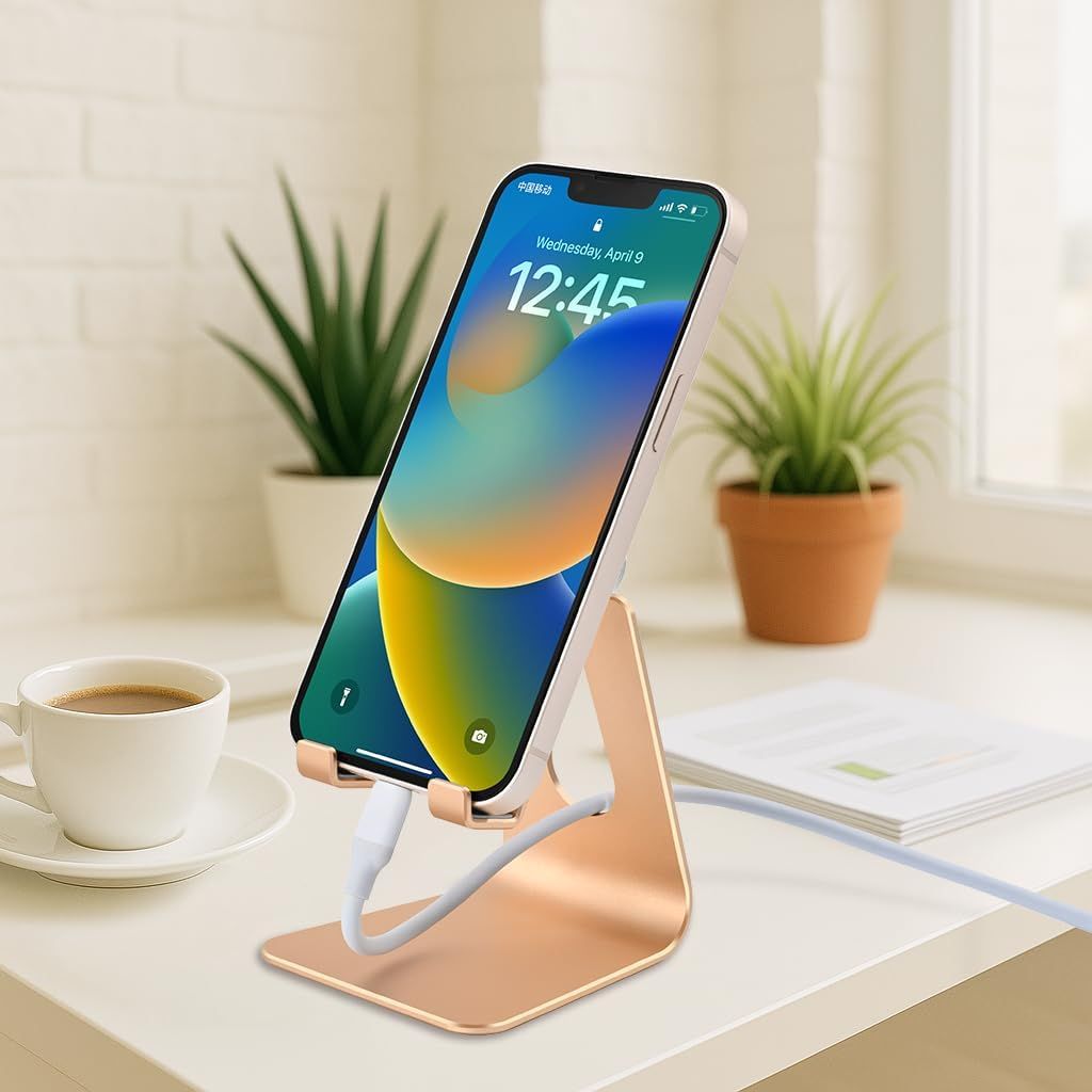 Adjustable Aluminum Alloy Cell Phone Stand, Tabletop Metal Phone Holder,Desktop Phone Dock,Smartphone Cradle,Gold image number 1
