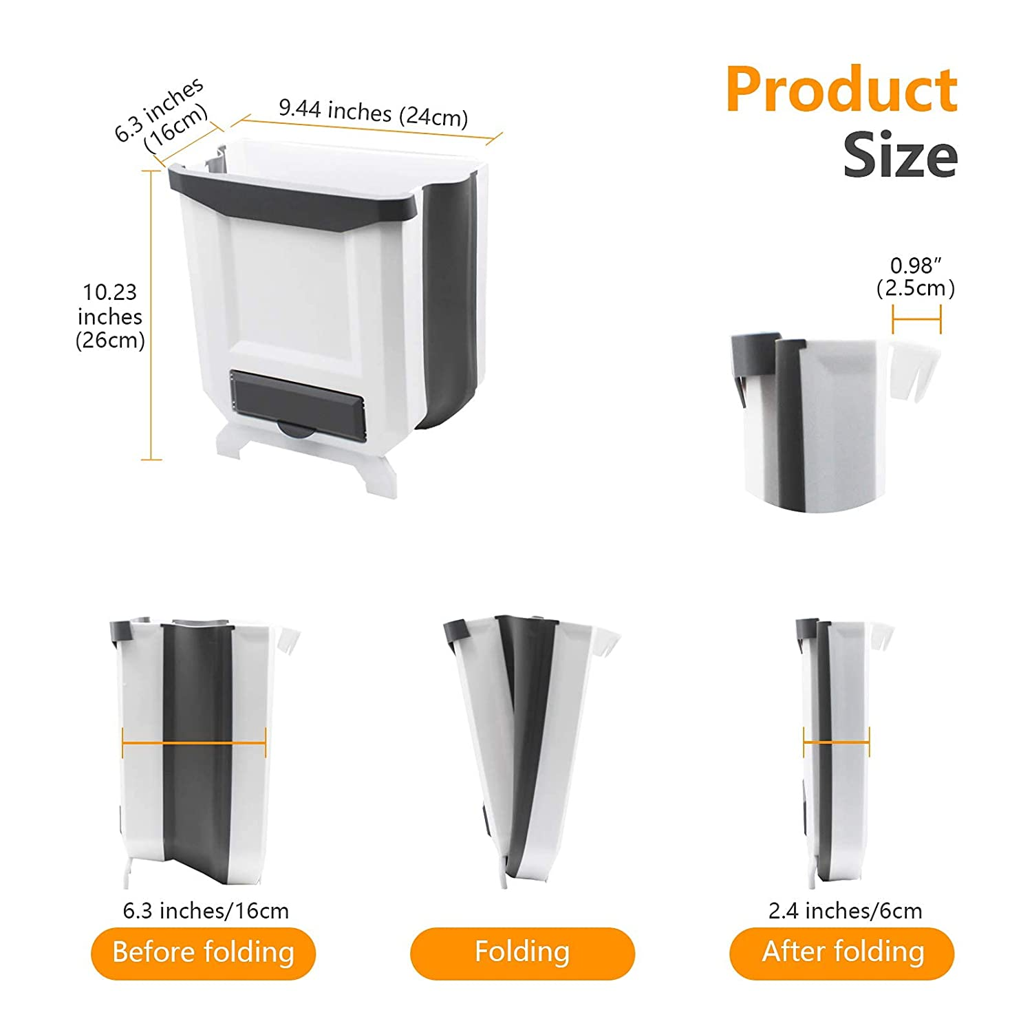 Kitchen Bin,Rubbish Bin Plastic Folding Wall Mounted for Cupboard Door Hanging Trash Can 8L (White)