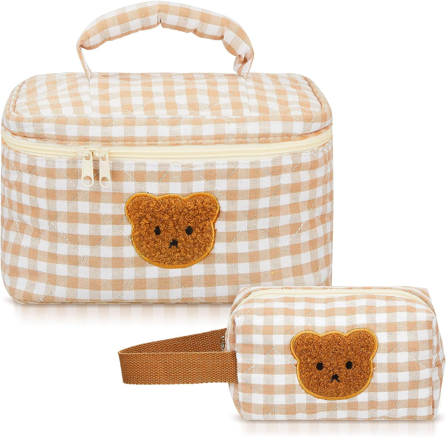 Zeyune 2 Pcs Cotton Quilted Makeup Bag, Large Travel Coquette Cosmetic Bag, Aesthetic Cute Floral Cherry Peony Toiletry Organizer Skincare Bag for Women Girls(Cute Bear Style), Brown image number 3