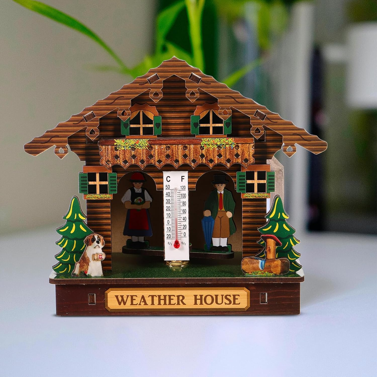 Weather House Wall Thermometer Hygrometer Barometer Indoor Humidity Temperature Monitor Analog Hanging Thermometer with Wooden Case Easy Battery Setup image number 1