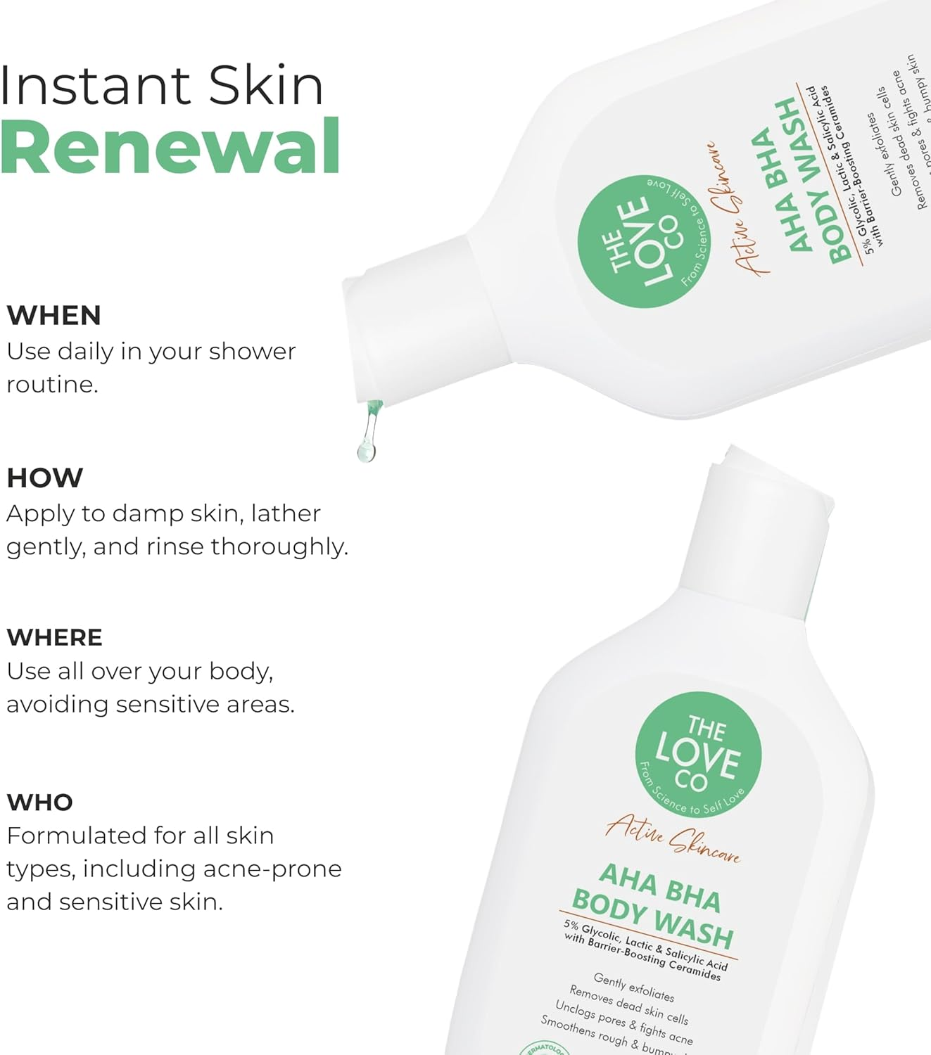 THE LOVE CO. AHA BHA Body Wash | 5% Glycolic, Lactic & Salicylic Acid | Gently Exfoliates, Fights Acne & Unclogs Pores | with Barrier-Boosting Ceramides | Sulphate-Free | Unisex | 350Ml image number 4