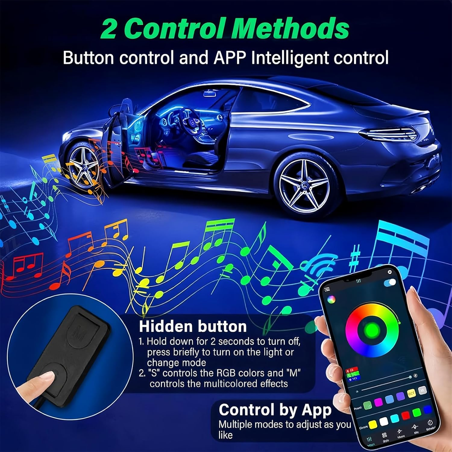 Acrylic Interior Car LED Lights 10-In-1 Kit, APP Control, RGB Music Sync Ambient Lighting, Neon Strip for Footwell, Dashboard & 4 Doors, Universal for Cars Trucks SUV image number 3