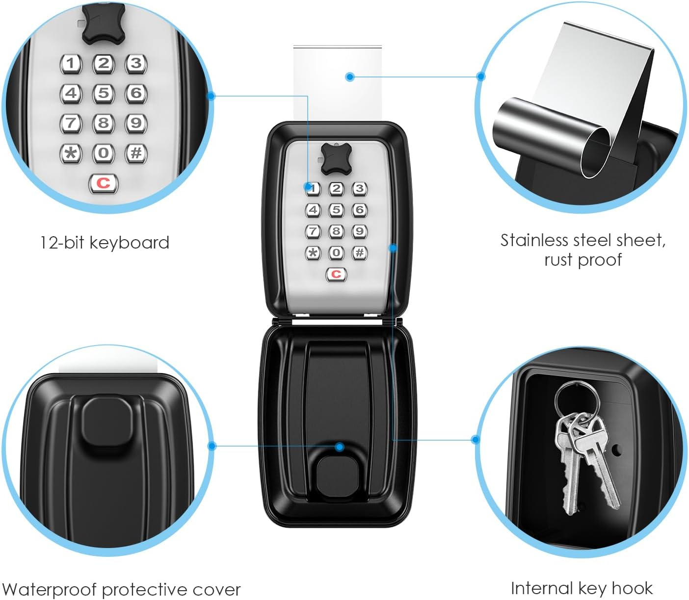 AMIR Car Window Lock Box, Portable Key Storage Lockbox Outdoor, Key Safe Wall Mounted with Resettable 12 Digit Code, Weatherproof, 2 Installation Methods, Key Lock for Car Rental,Home,Office-Black