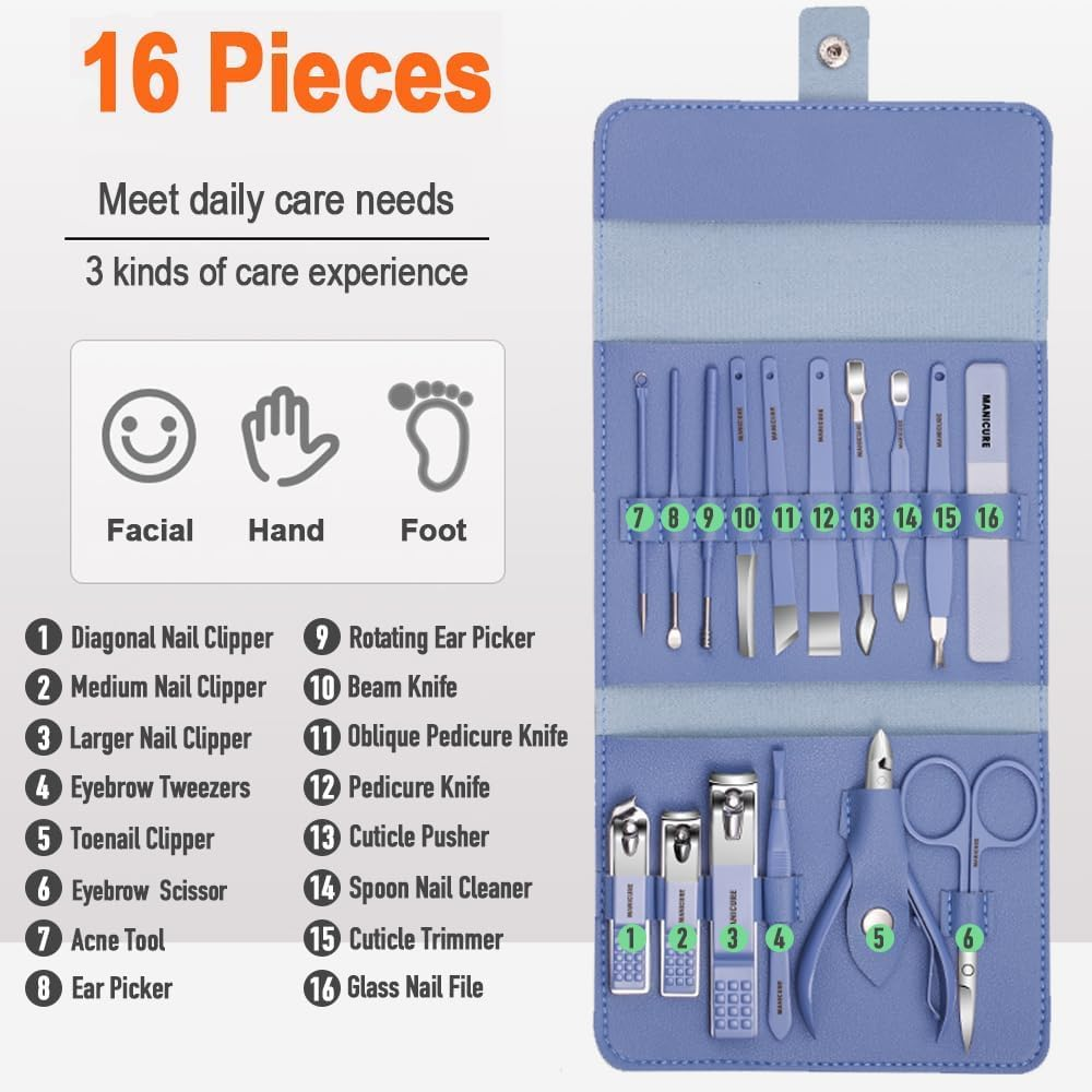 Manicure Set, Nail Clippers Pedicure Kit, 16 Pieces Stainless Steel Manicure Kit, Personal Nail Care Tools, Professional Grooming Kits with Travel Leather Case for Thick Nails (Blue) image number 5