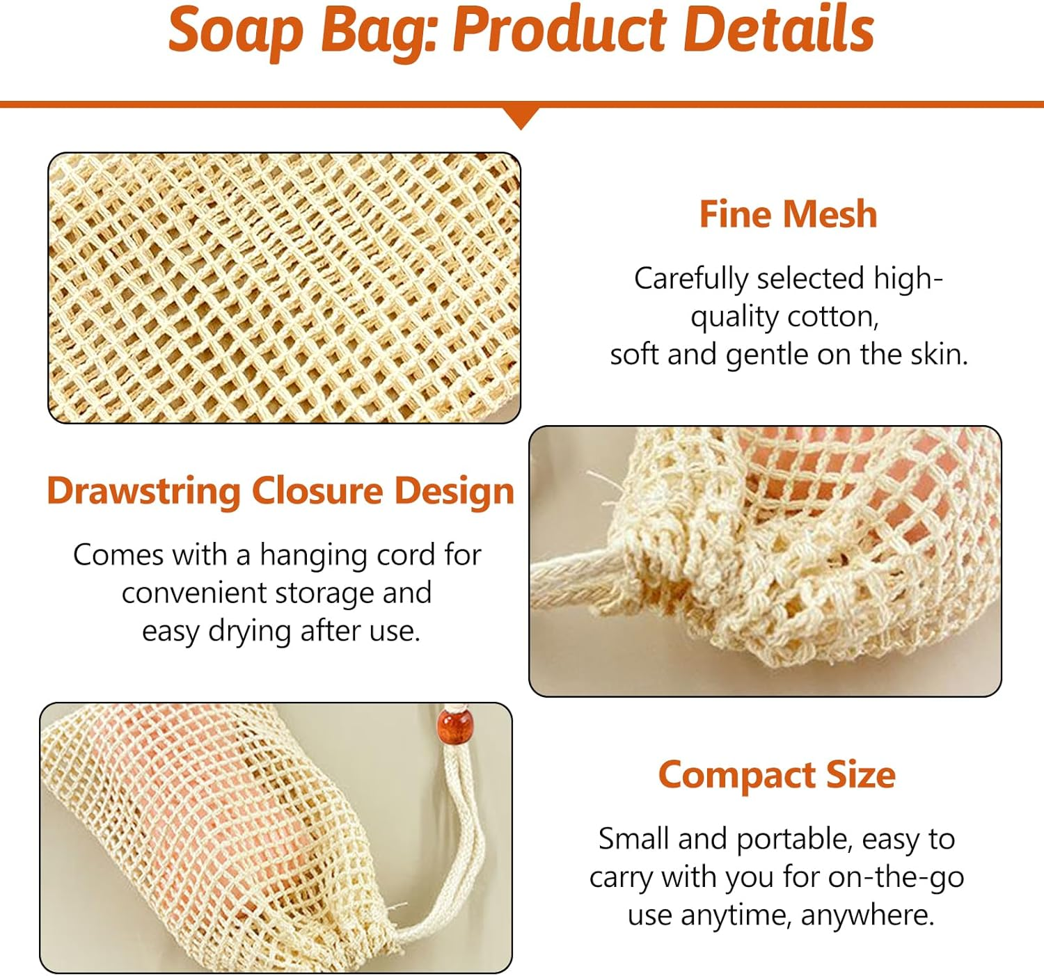 Natural Sisal Soap Bag Saver, Mesh Net Pouch for Exfoliating, Foaming, and Quick Drying Holder in Shower - Plastic-Free, Waste Reducing (4 Pack) image number 5