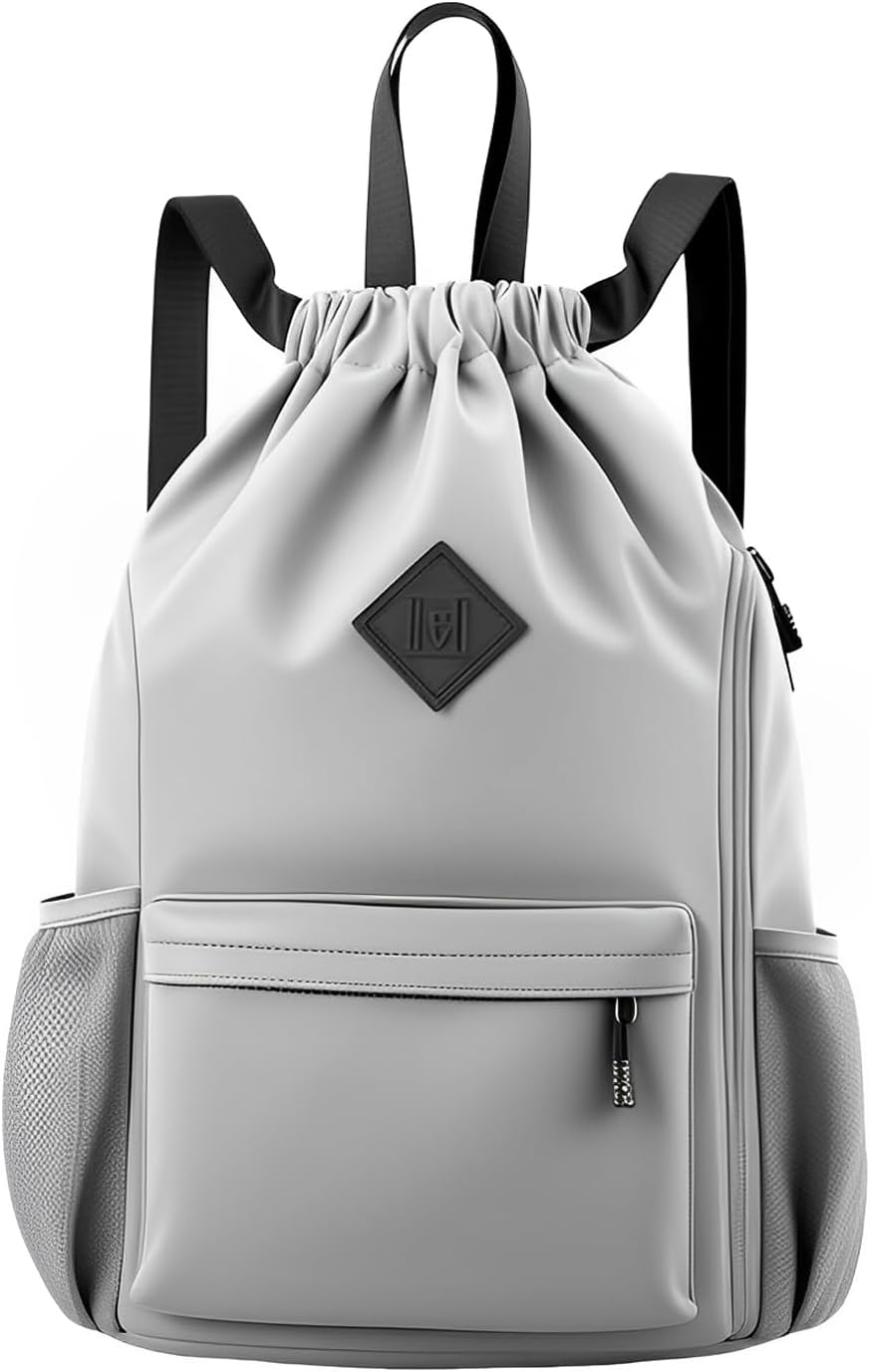 Sonicefit Drawstring Backpack Sports Gym Bag, Water-Resistant String Bag Cinch Bag with Shoe Compartment & Side Pockets for Adults Kids, Lightweight Sackpack for Yoga Beach Swimming Travel