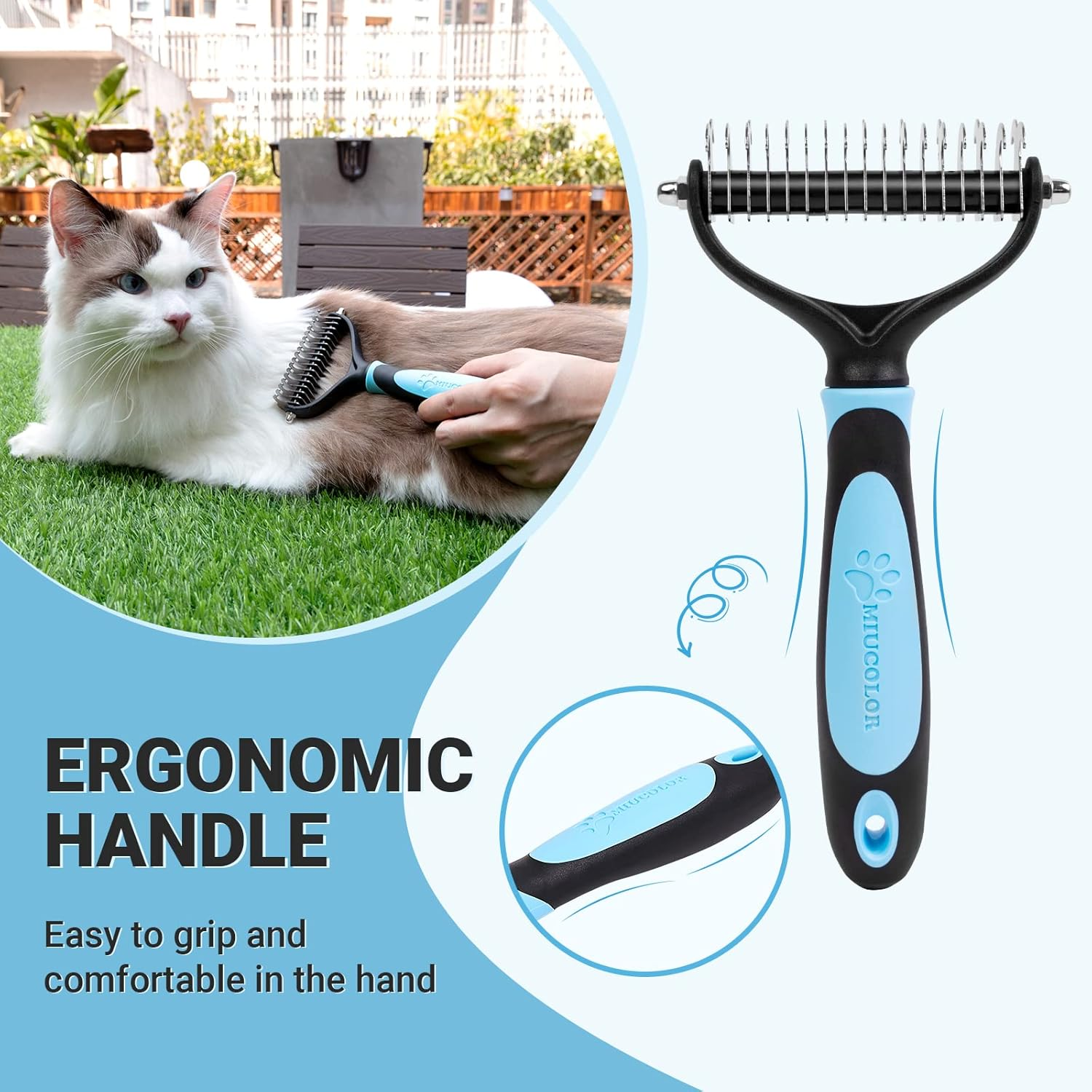 MIU COLOR&reg; Pet Grooming Undercoat Rake Comb Dematting Tool, TPE + PP, 11 Teeth Wide(Blue) image number 3