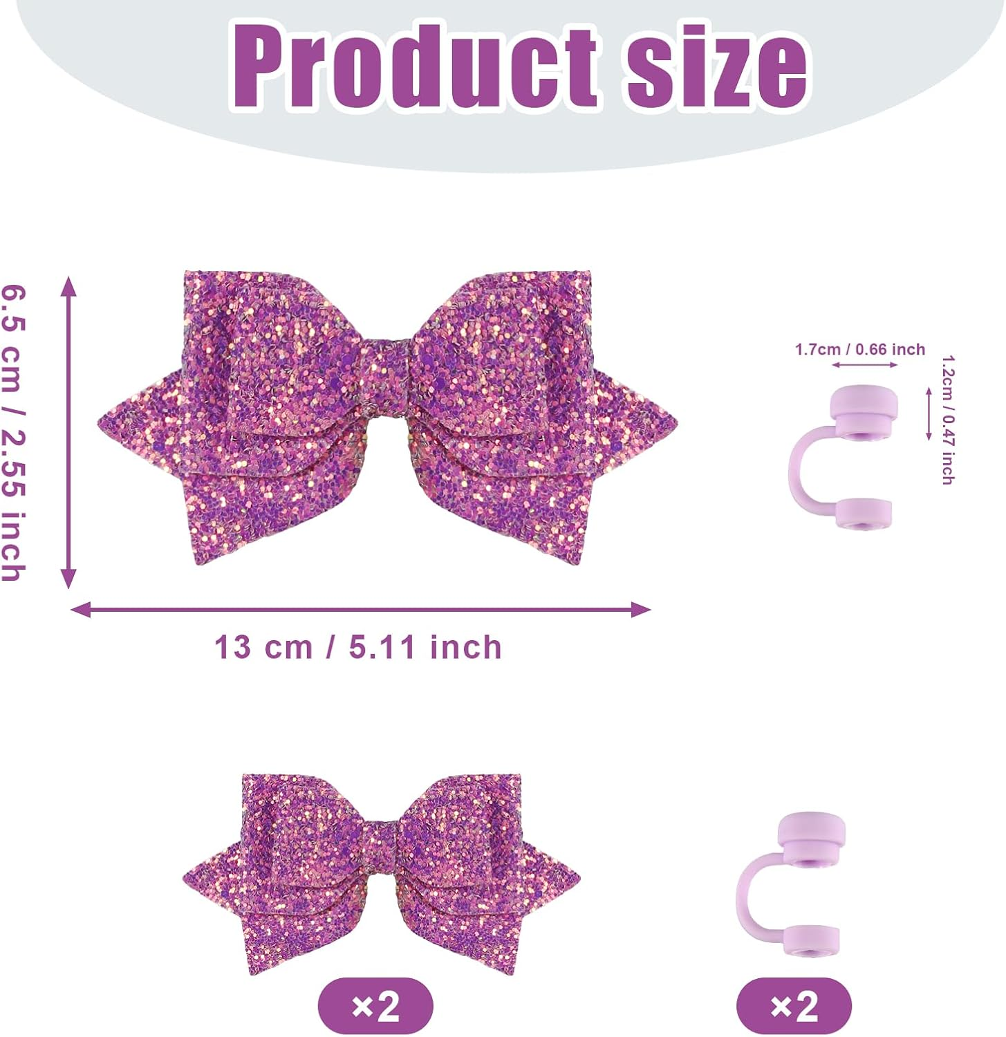 2Pcs Bow Charms & 2Pcs Straw Toppers, Cute Straw Lid Cover Caps Decorations Decor Accessories for Stanley Cup (Purple) image number 1