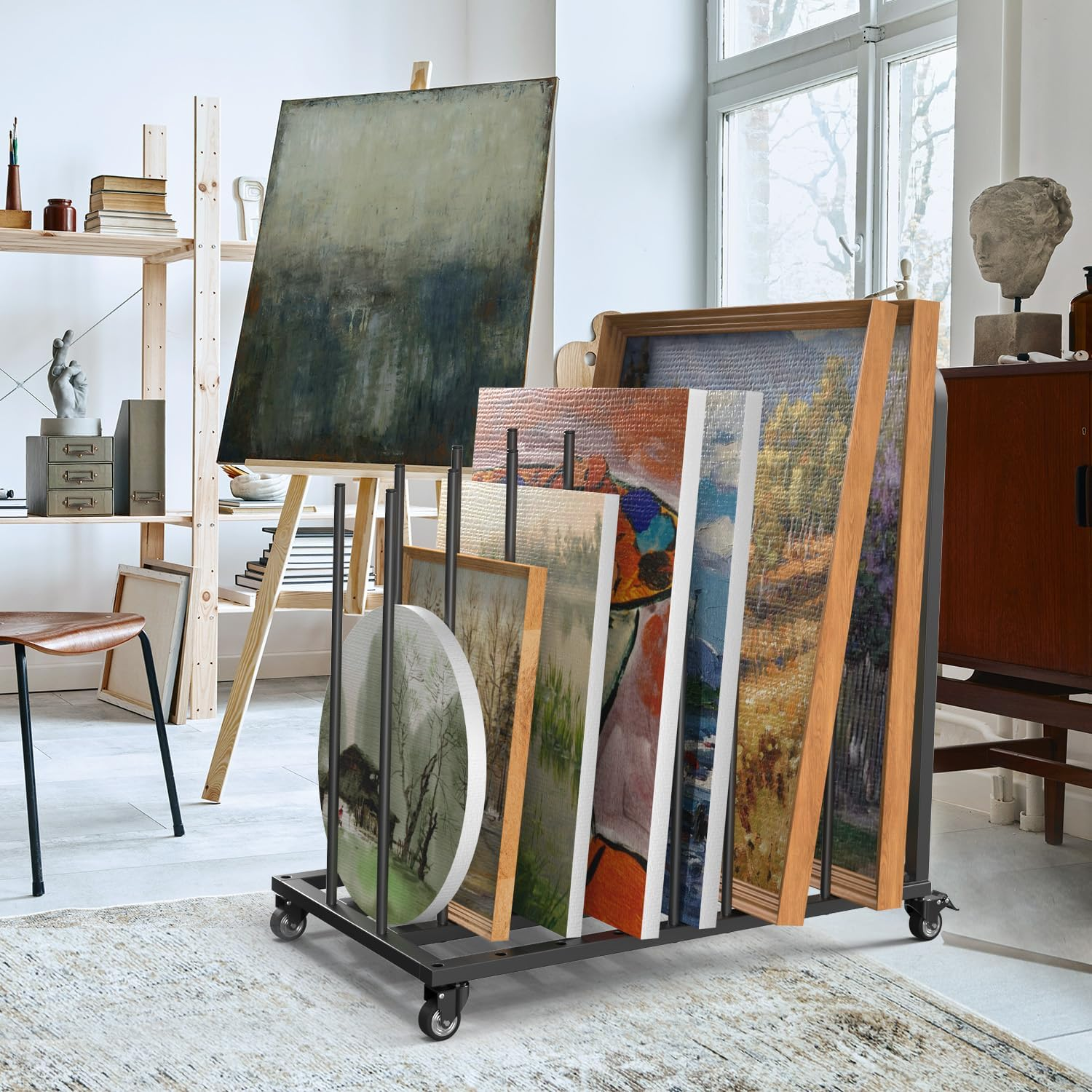 Mosegor Art Canvas Storage Rack with Wheels，Iron Art Storage Easel with Wheels，Adjustable Art Drying Painting Rack，Suitable for Drying Canvas Boards, Painting Boards, Crafts（Black） image number 5