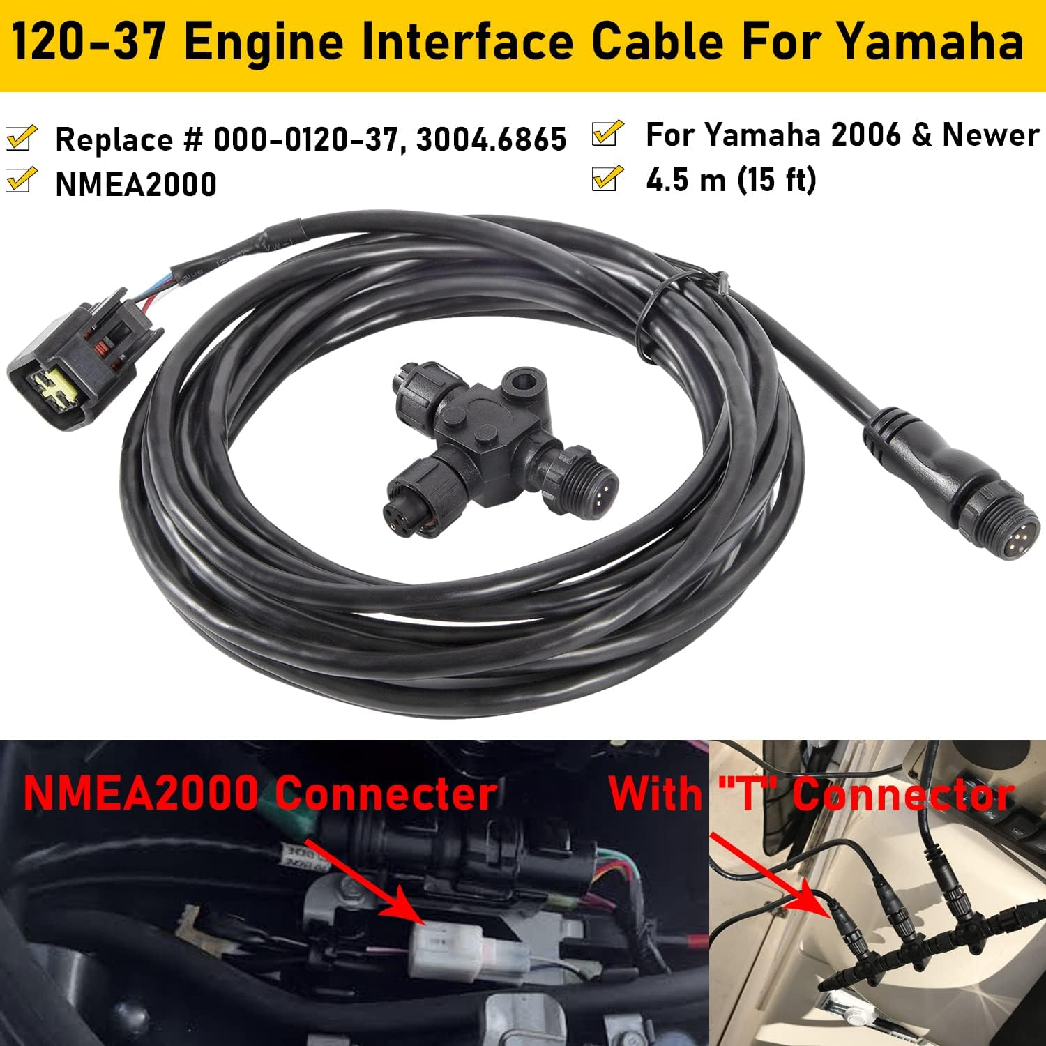 For Yamaha Engine Interface Cable NMEA2000 Connection with T Connector for Yamaha 2006 & Newer, Replace # 000-0120-37, 3004.6865-4.5 M (15 Ft) image number 1