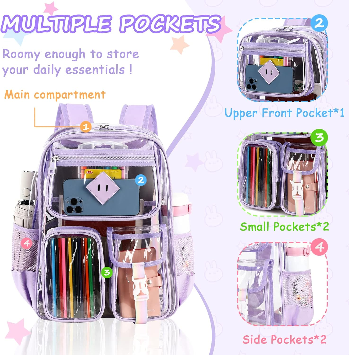 Clear Backpack for School,Heavy Duty PVC Transparent Bookbag for Girls Stadium Approved See through Backpack image number 2