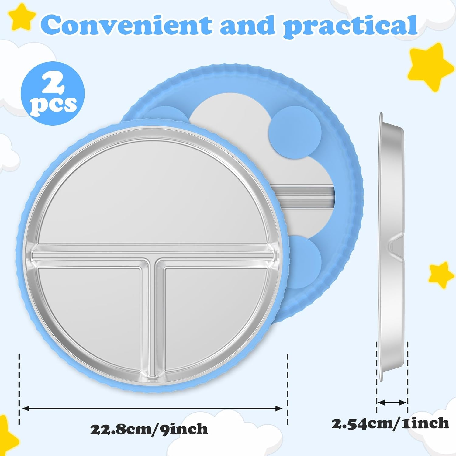 2 Pack Stainless Steel Kids Plates with Suction, 9&rdquo; Divided Toddler Plate with Nonslip Silicone Sleeve, Toddler Utensils Baby Feeding Set, Metal Snack Food Portion Platesfor Baby Led Weaning Supplies image number 6