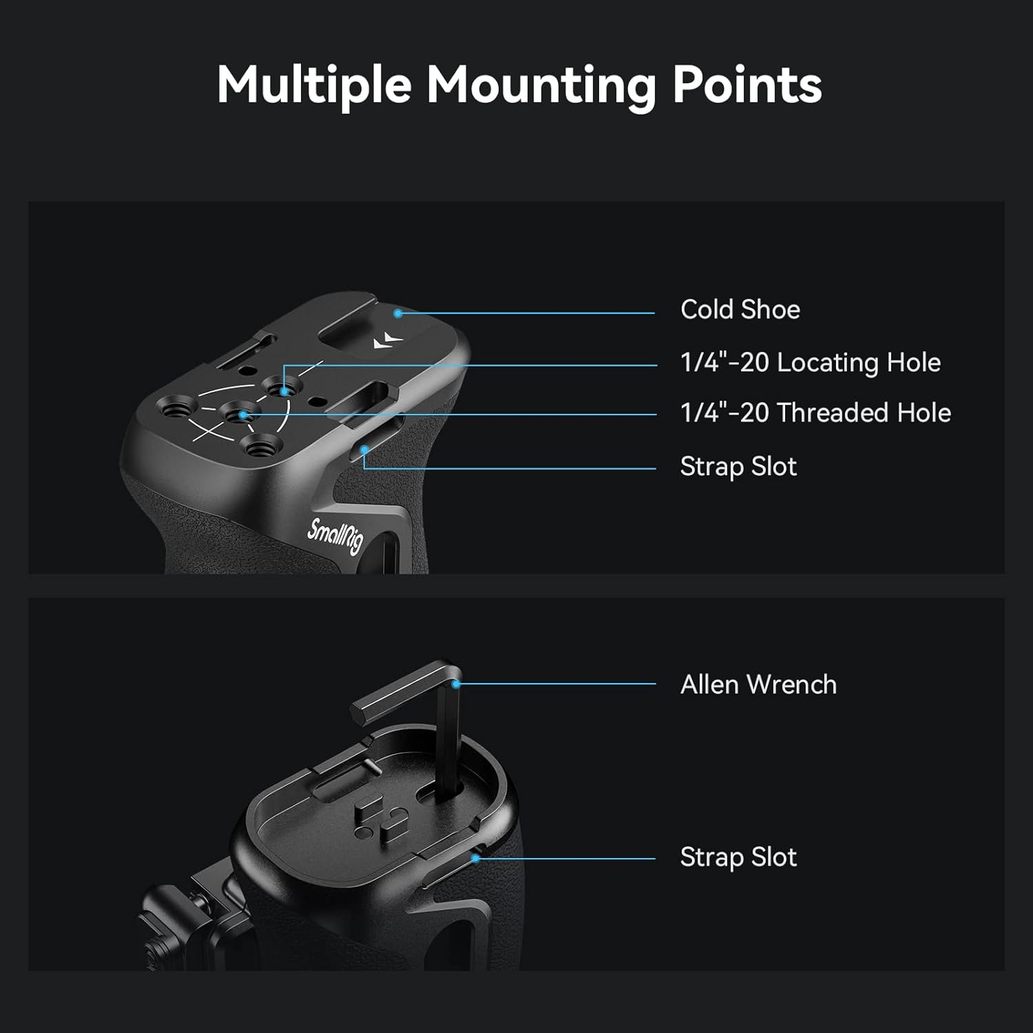 Smallrig Snap-On NATO Side Handle, Quick Lock Design, Up/Down Adjustable, Built-In Cold Shoe Mount, 1/4''-20 Thread Hole, Wrist Strap Hole - 4017 image number 2