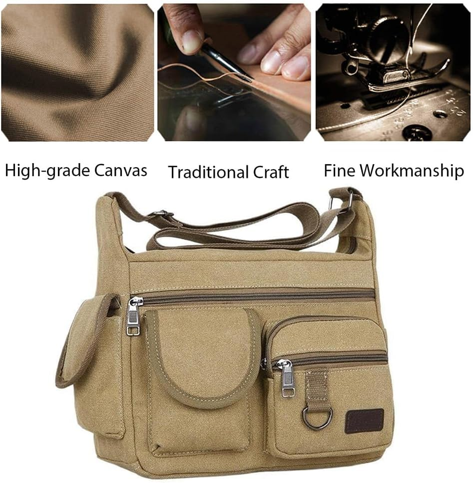 Canvas Crossbody Bag with Water Bottle Holders, Multi Pocket Messenger Bag, Vintage Laptop Bag, Briefcase for Men and Women Khaki (30 * 23 * 12 CM)
