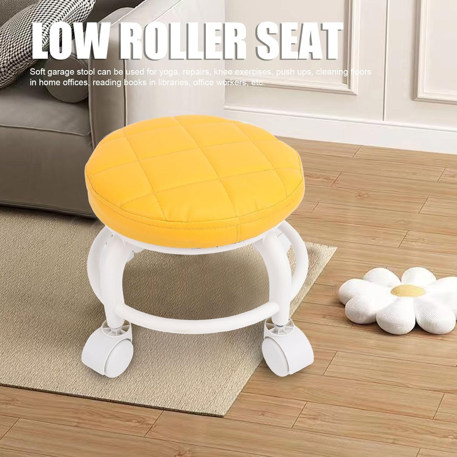 Pedicure Stool PU Leather, Low Rolling Stool, Garage Stool with Wheels, Low Roller Seat, Mute Wheel Swivel Roller Chair for Home Office Shop (Orange) - Orange image number 4