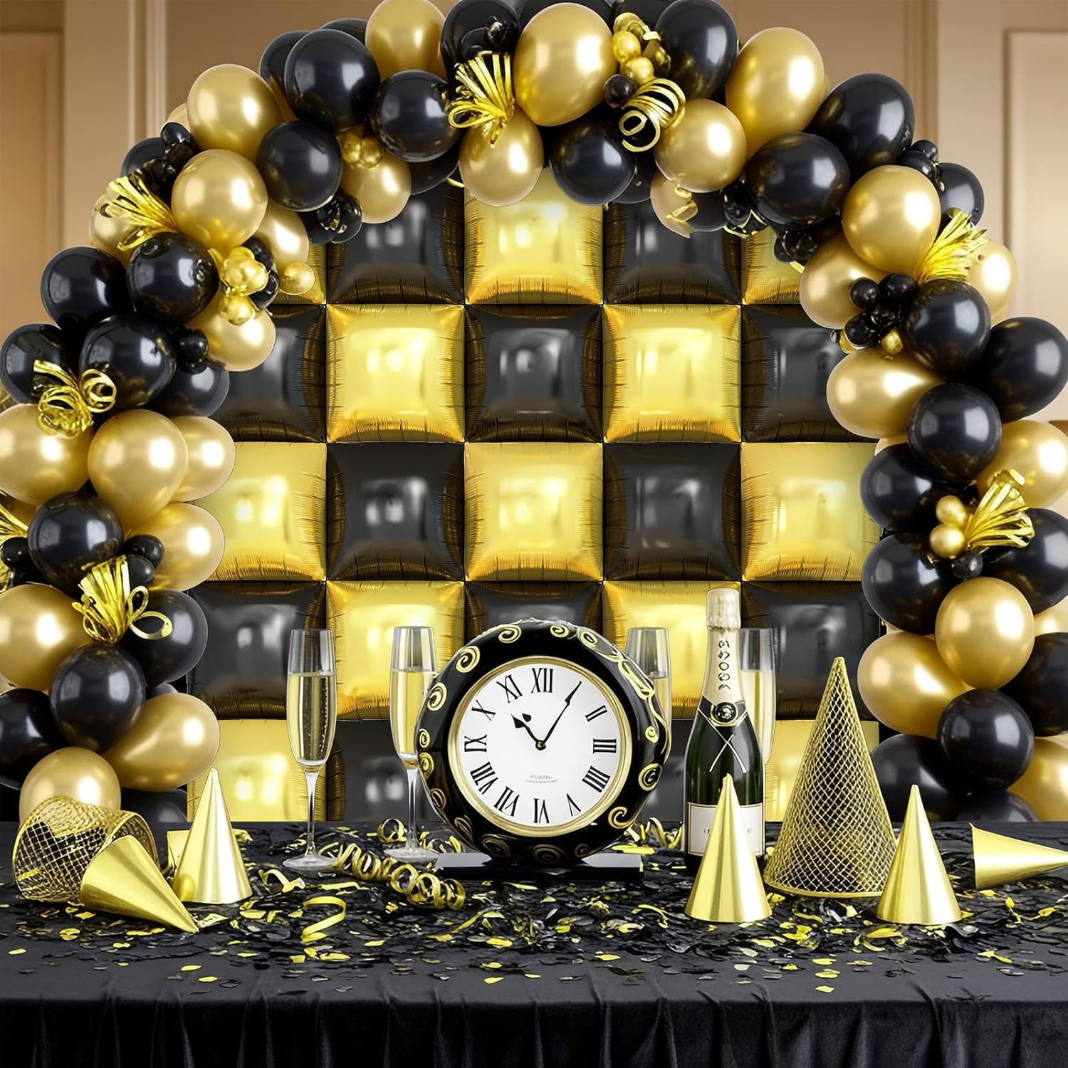 Square Foil Balloon Wall, 25Pcs Double Sided Balloon Backdrop Helium Mylar Balloon Tunnel Arch Garland Kit for Birthday Bridal Anniversary Baby Shower Party Decorations (Black Gold) image number 6