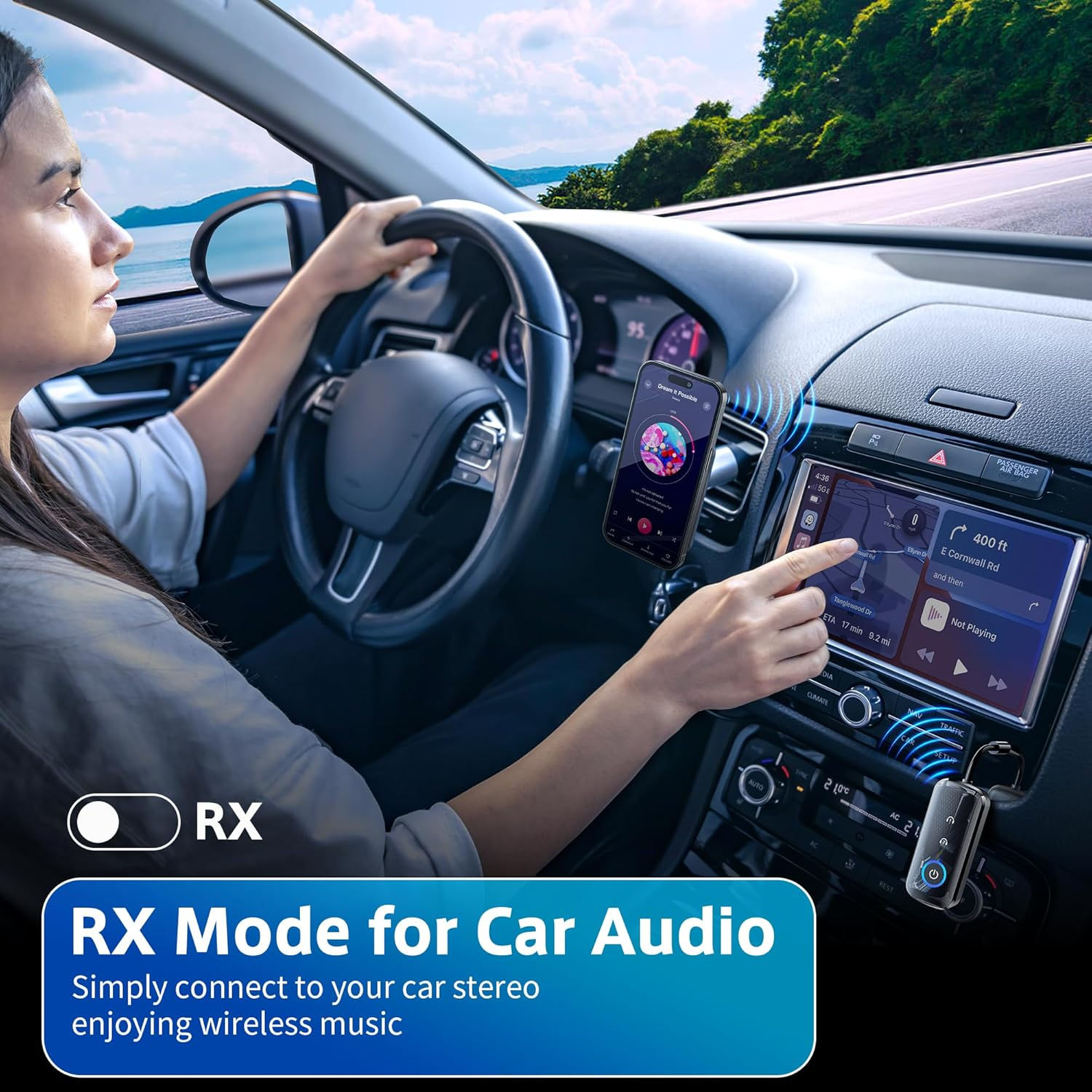 2 in 1 Bluetooth 5.3 Transmitter Receiver, SONRU Travel Essentials Airplane Headphone Adapter Airfly Wireless Adapter with 3.5Mm AUX Compatible with 2 Airpods Wireless Headphones - Blue image number 4