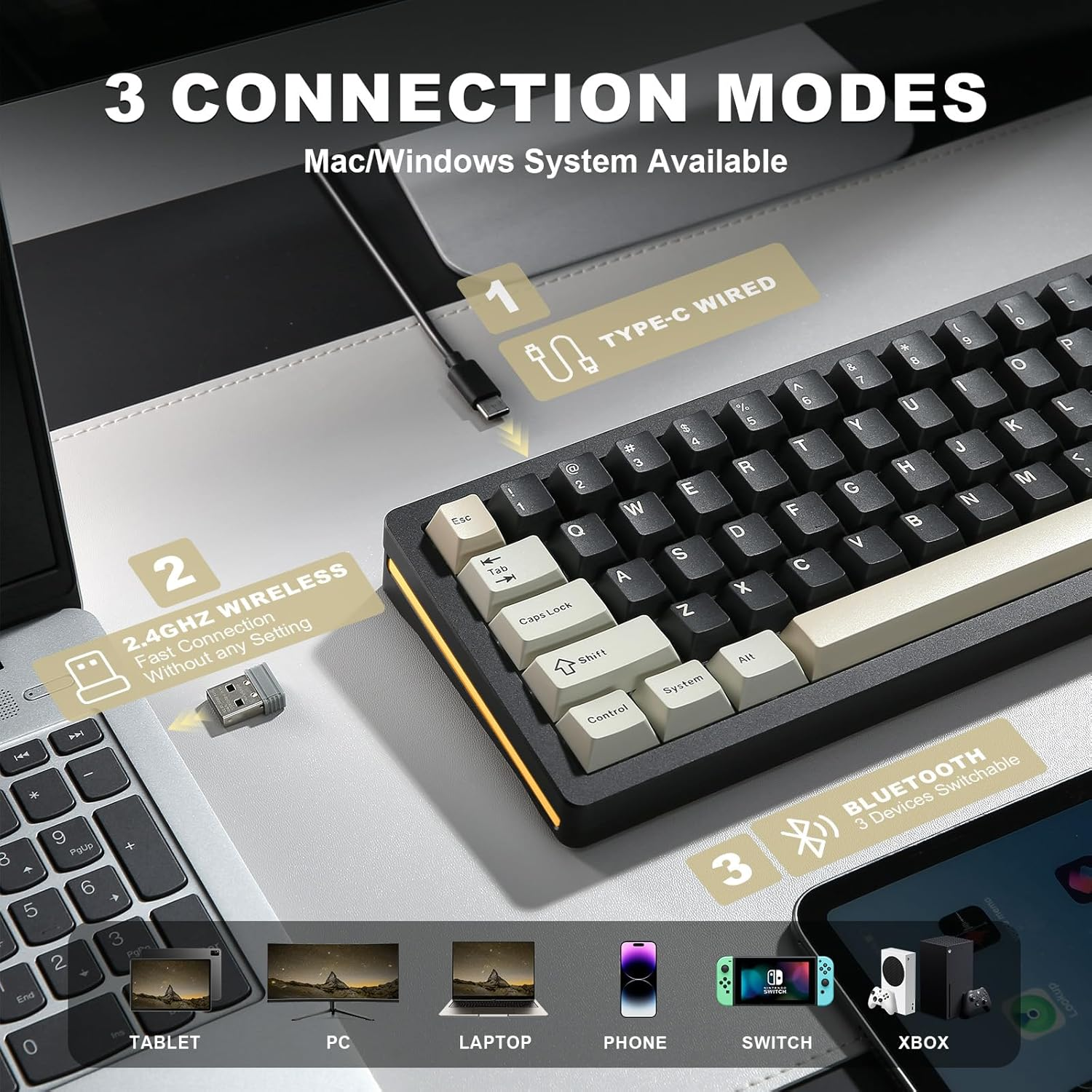 YUNZII AL71 75% Mechanical Keyboard, Full Aluminum CNC, Hot Swappable Gasket, 2.4Ghz Wireless BT5.0/USB-C Wired Gaming Keyboard,Nkro Programmable RGB Backlight,For Win/Mac(Black,Crystal White Switch) - Black image number 3