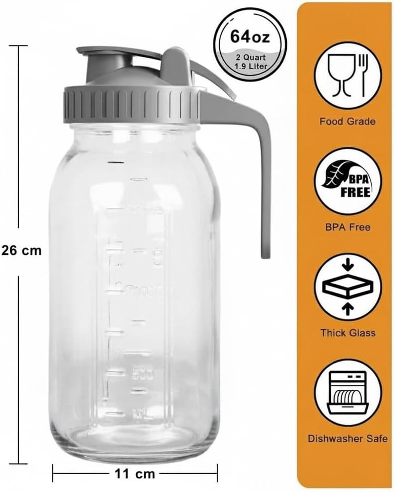 AVITONG 2 Pack Glass Drink Jugs with Handles & Lids &ndash; 1.9L Large Capacity Water Pitchers for Iced Tea, Juice, Lemonade & Fruit Infusion &ndash; Bpa-Free, Leakproof, Fridge & Dishwasher Safe