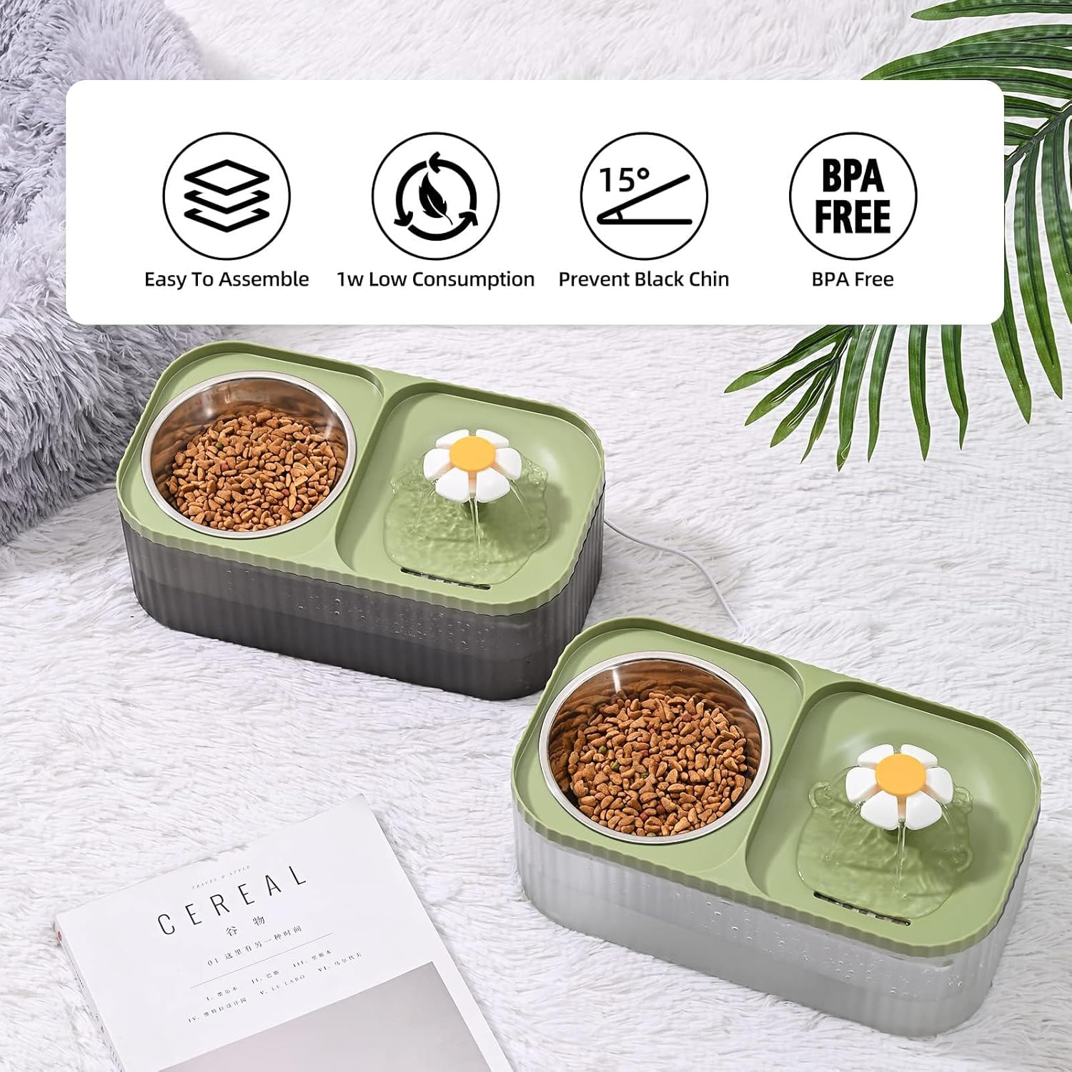 Cozioz Cat Water Fountain and Food Bowl, 3L/101Oz Ultra-Quiet Pet Water Dispenser with Smart Pump, 3 Replacement Filters, Automatic Flower Fountain, and Stainless Steel Bowl (Black & Green) image number 3