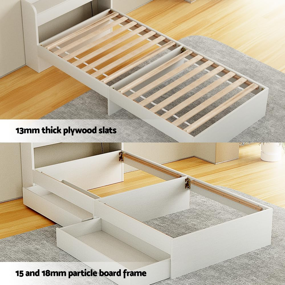 Artiss Single Bed Frame with Storage Headboard, Wooden Bed Base with 2 Storage Drawers, Solid Platform Bedframe with Charger, No Box Spring Needed for Guest Room, Bedroom Furniture, Easy Assembly