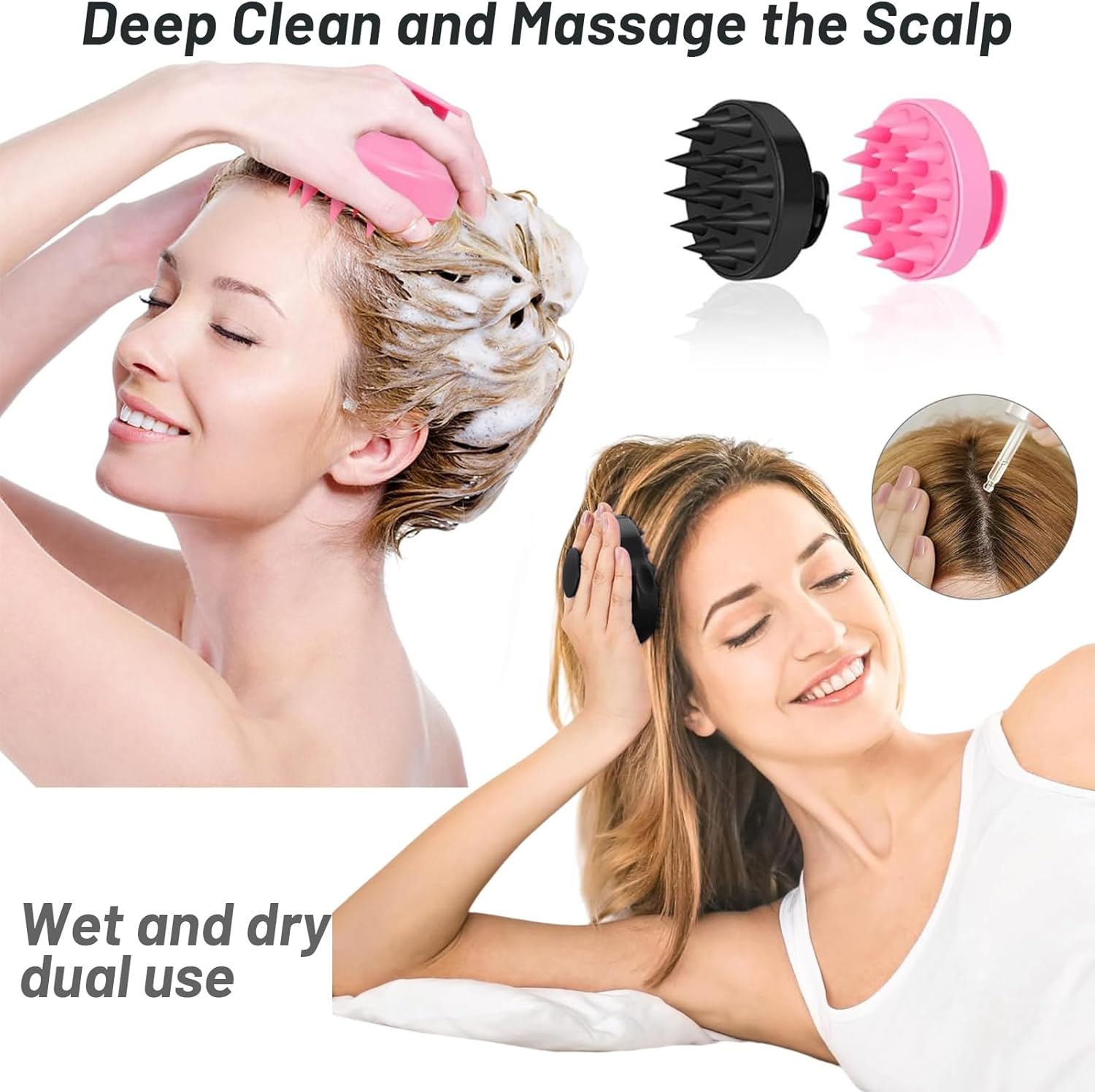 Scalp Massage Brush, 2 Pcs Soft Silicone Shampoo Hair Brush for Exfoliating and Head Massage, Stimulates Hair Growth, Reduces Dandruff, Hair Gentle Head Massage Brush for Wet Dry Hair (Black+Pink) image number 4