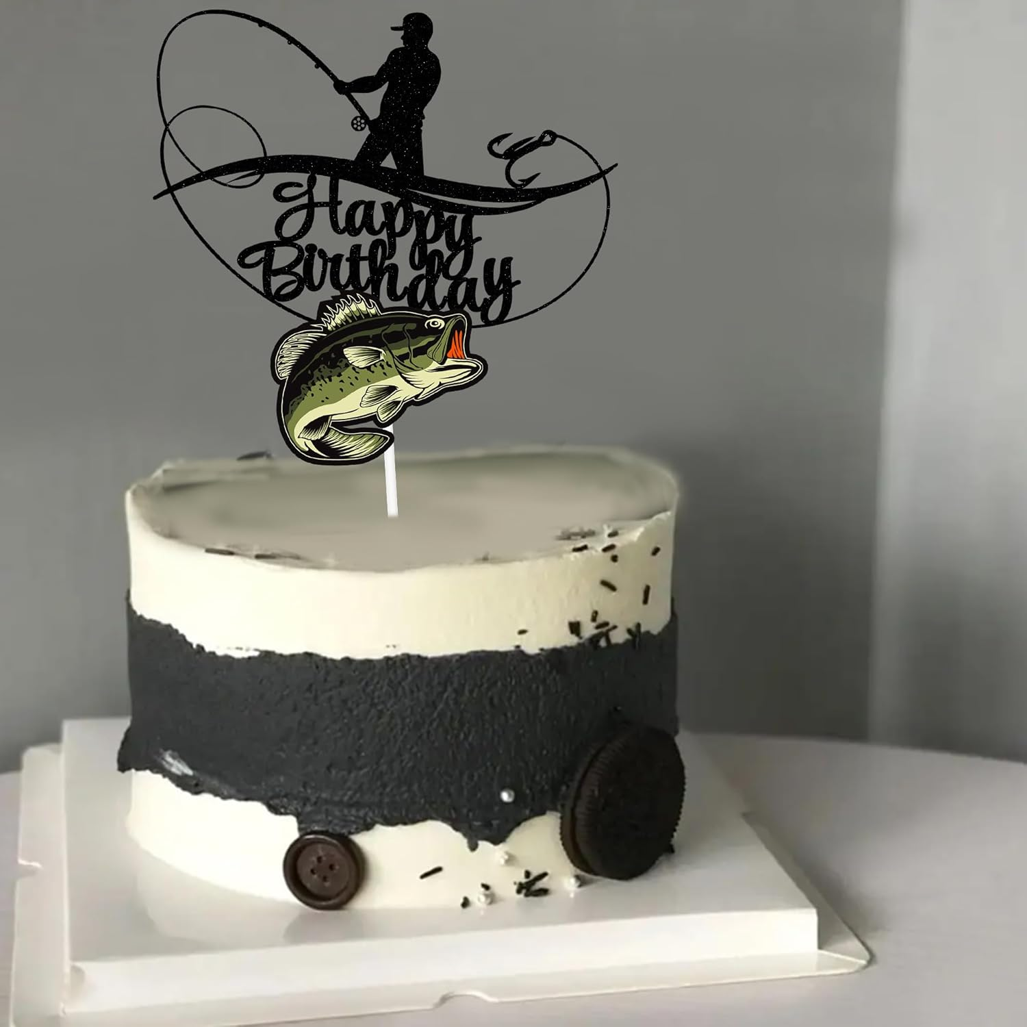 Fisherman Birthday Cake Topper, Angler Shakes His Rod and Catches a Big Fish Cake Topper, Double Sided Glitter image number 5