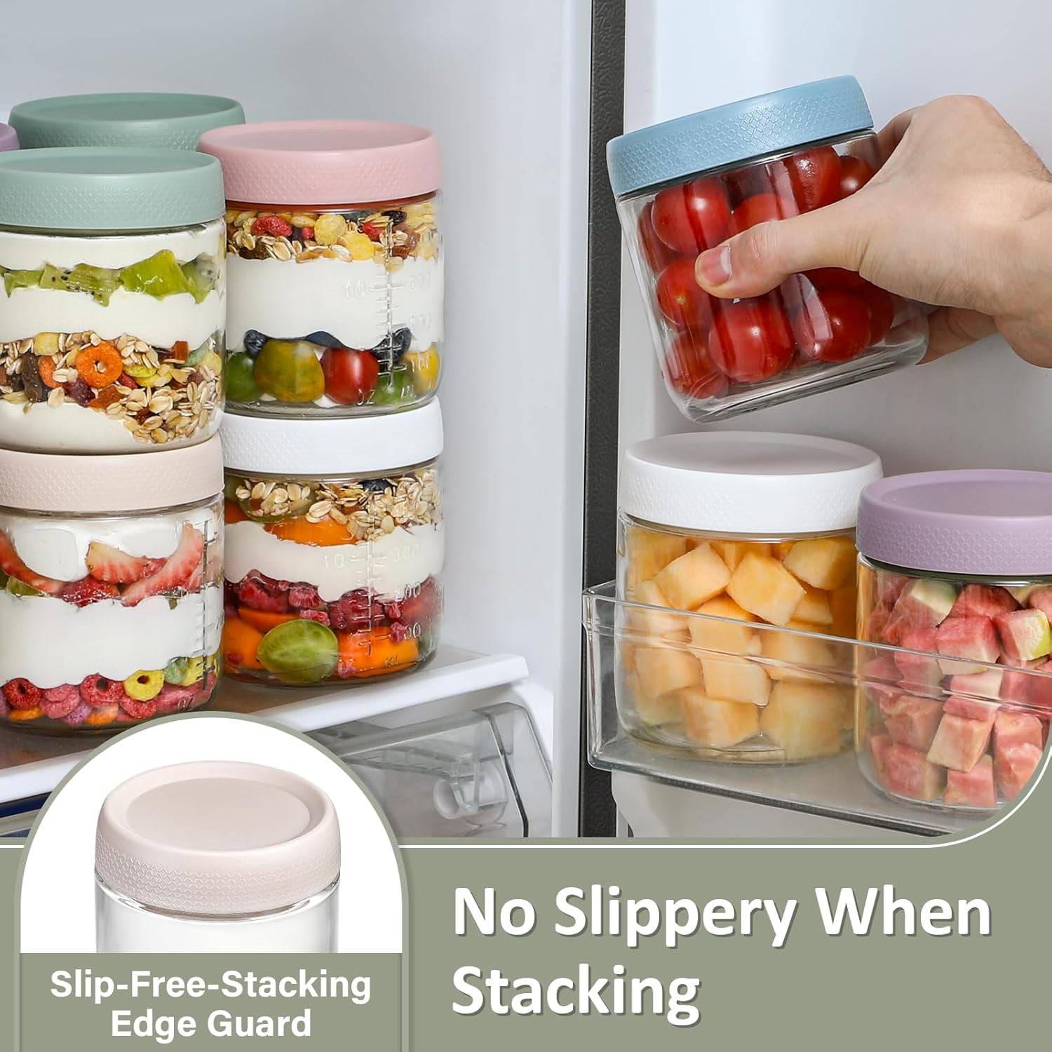 6-Pack Overnight Oats Containers with Lids, 16 OZ Wide Mouth Glass Jars with Airtight Lids, Mason Jars Glass Food Containers for Snack Spice Sugar Food Prep Yogurt - 4 Colors image number 4