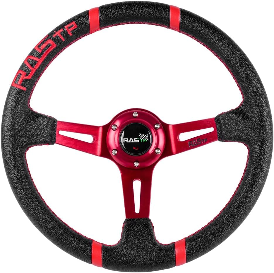 RASTP Universal Racing Steering Wheel,Deep Dish Steering Wheel Leather Embroidery 13.58&rdquo;/345Mm 6 Bolts with Horn Button Include Cable, Wrench,Red