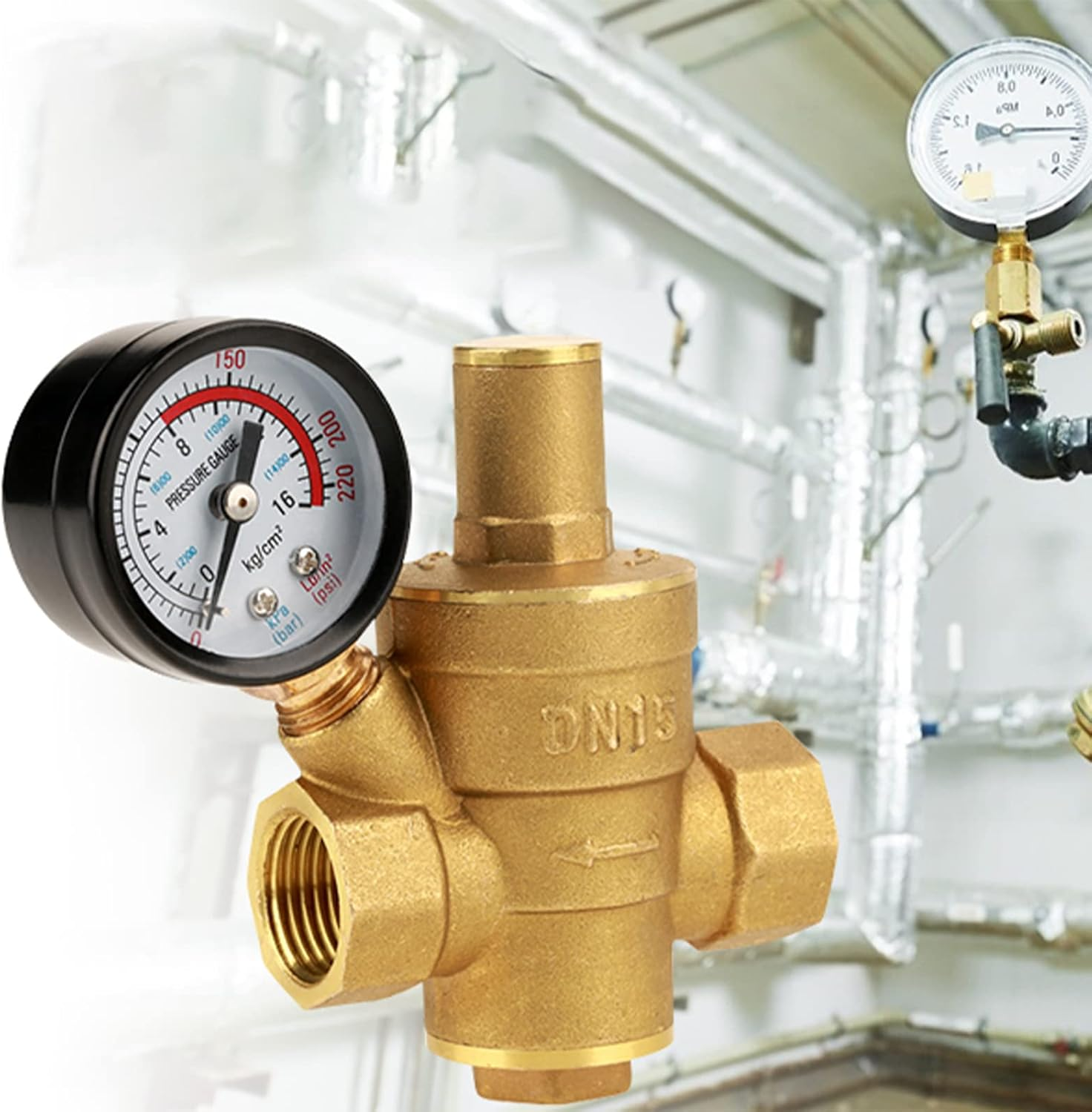 Pressure Regulator Regulated Water Pressure Regulator for Water System Equipment, DN15 Brass Pressure Reducer Valve with Gauge Meter