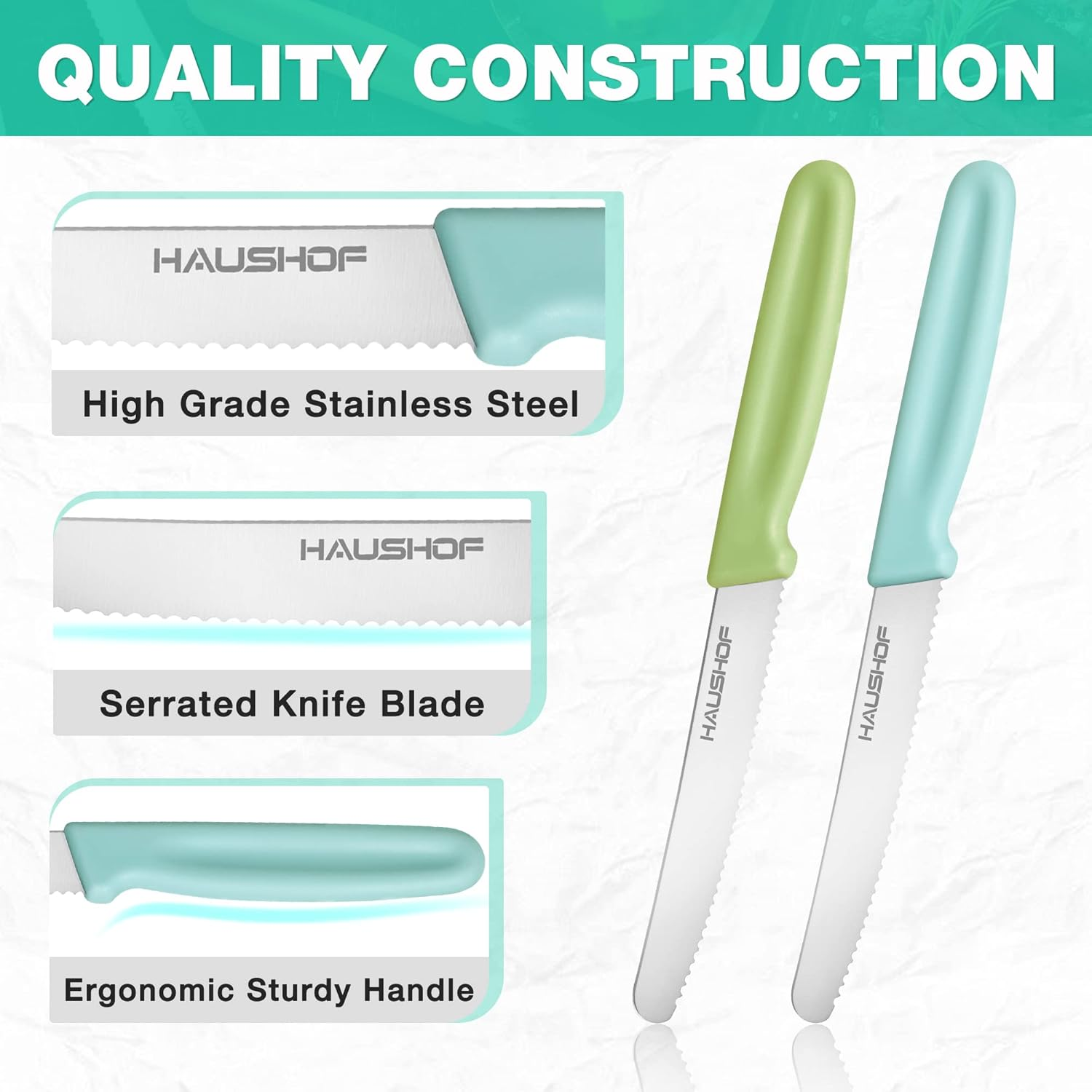 HAUSHOF Steak Knives Set of 4, Serrated Steak Knives, Premium Stainless Steel Steak Knife Set with Gift Box, Assorted Color image number 3