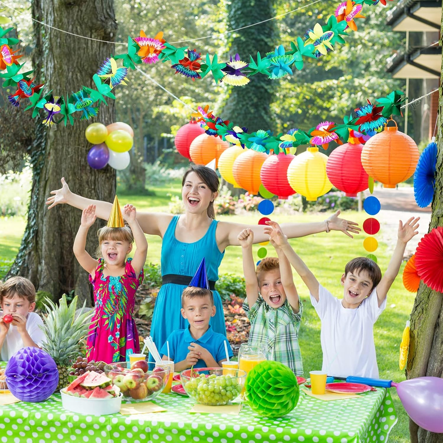 LEMESO 3 PCS Tropical Paper Flower Garland Hawaiian Flower Banner,30Ft Tissue Flower Banner for Luau Party Decorations, Tropical Party Decor，Christmas Decorations