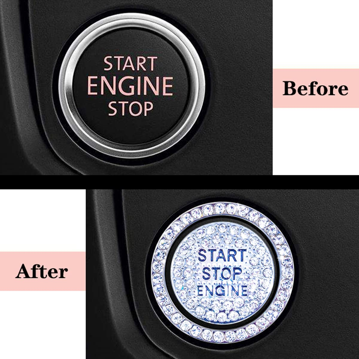Engine Start Stop Button Bling Ring Cover,Key Ignition Starter & Knob Ring Crystal Rhinestone Cover, Push Start Button Cover Diamond Decor, Car Emblem Badge Sticker Women (Ring+Cover, Silver)