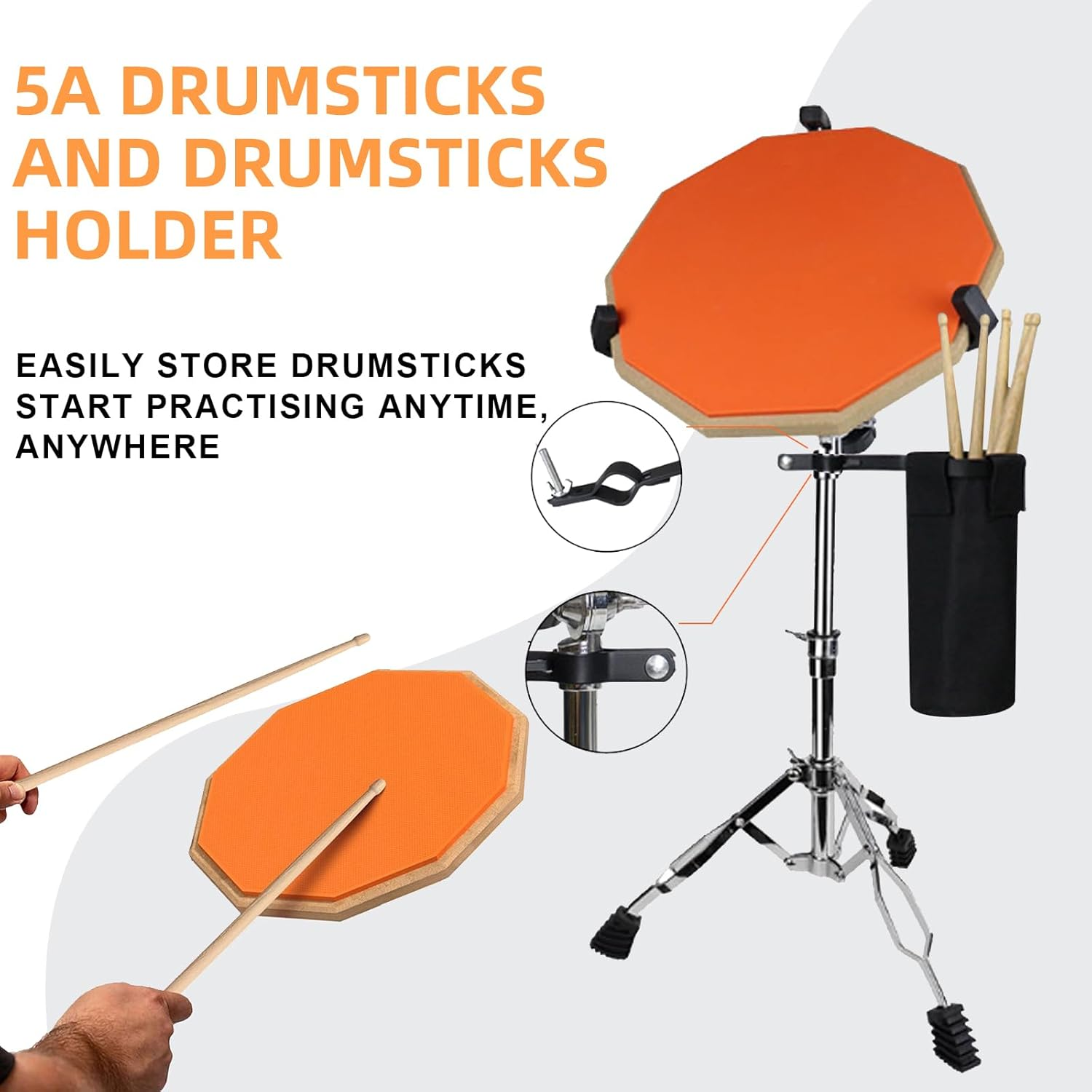 Yazoni Drum Practice Pad with Drum Stand Set - 12 Inch Mute Double Sided Silent Drum Practice Training Pad Set with Drumsticks, Drumstick Holder, Carrying Bag, Adjustable Stand, Suitable for Beginners