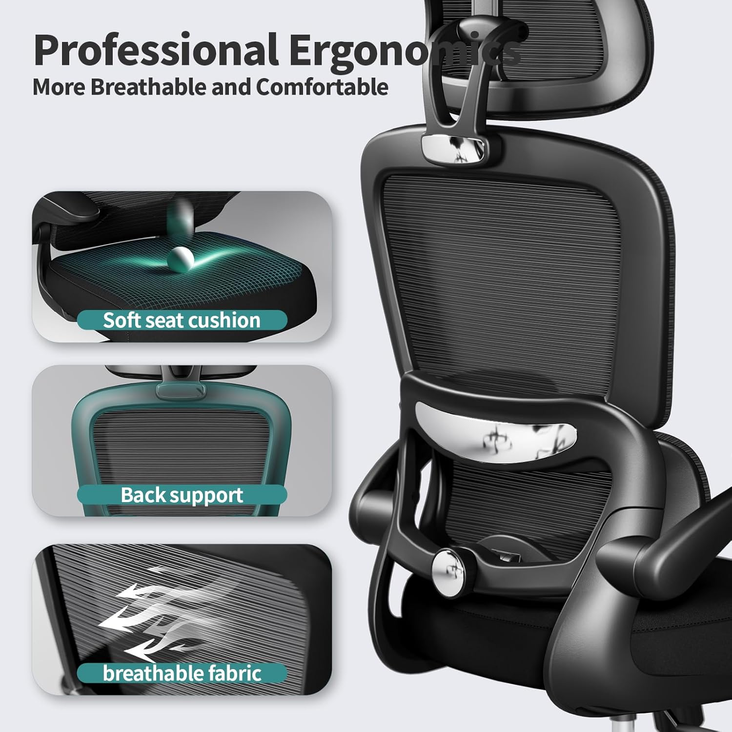 TRALT Ergonomic Office Chair - Office Chair with Adjustable Lumbar Support & 2D Flip-Up Arms Comfortable 330 LBS Gaming Chair - Home Mesh Desk Chairs Swivel Task Chair High Back for Long Hours (Black) image number 4