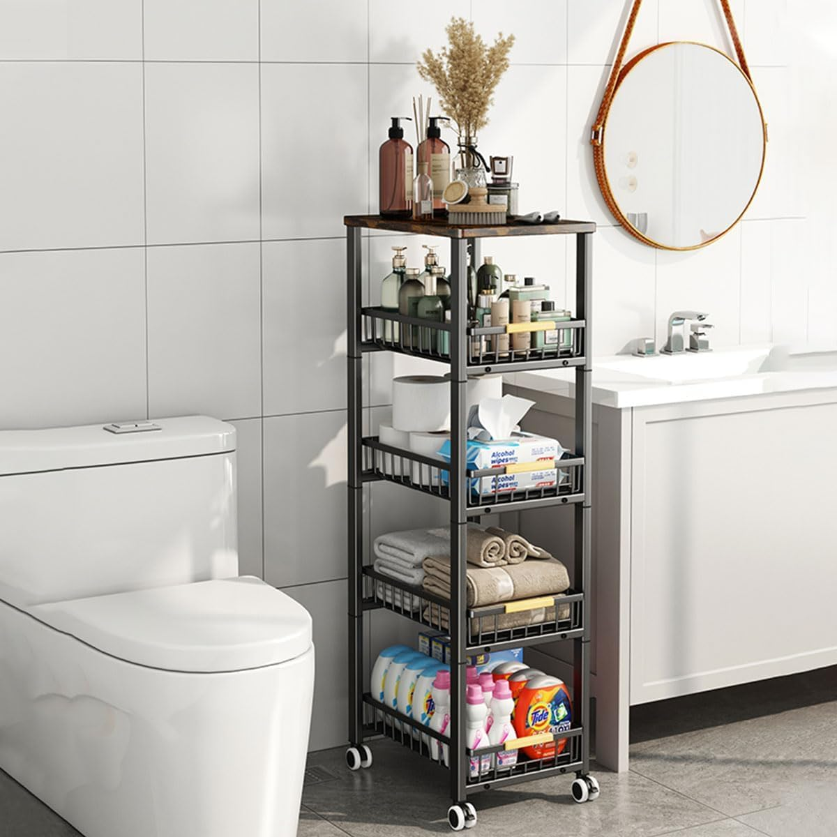 Kitchen Cart with Storage and Wheels, 5-Tier Metal Rolling Utility for Fruit and Vegetable Pantry, Potato Onion Basket for Kitchen, Bathroom (Retro) image number 1