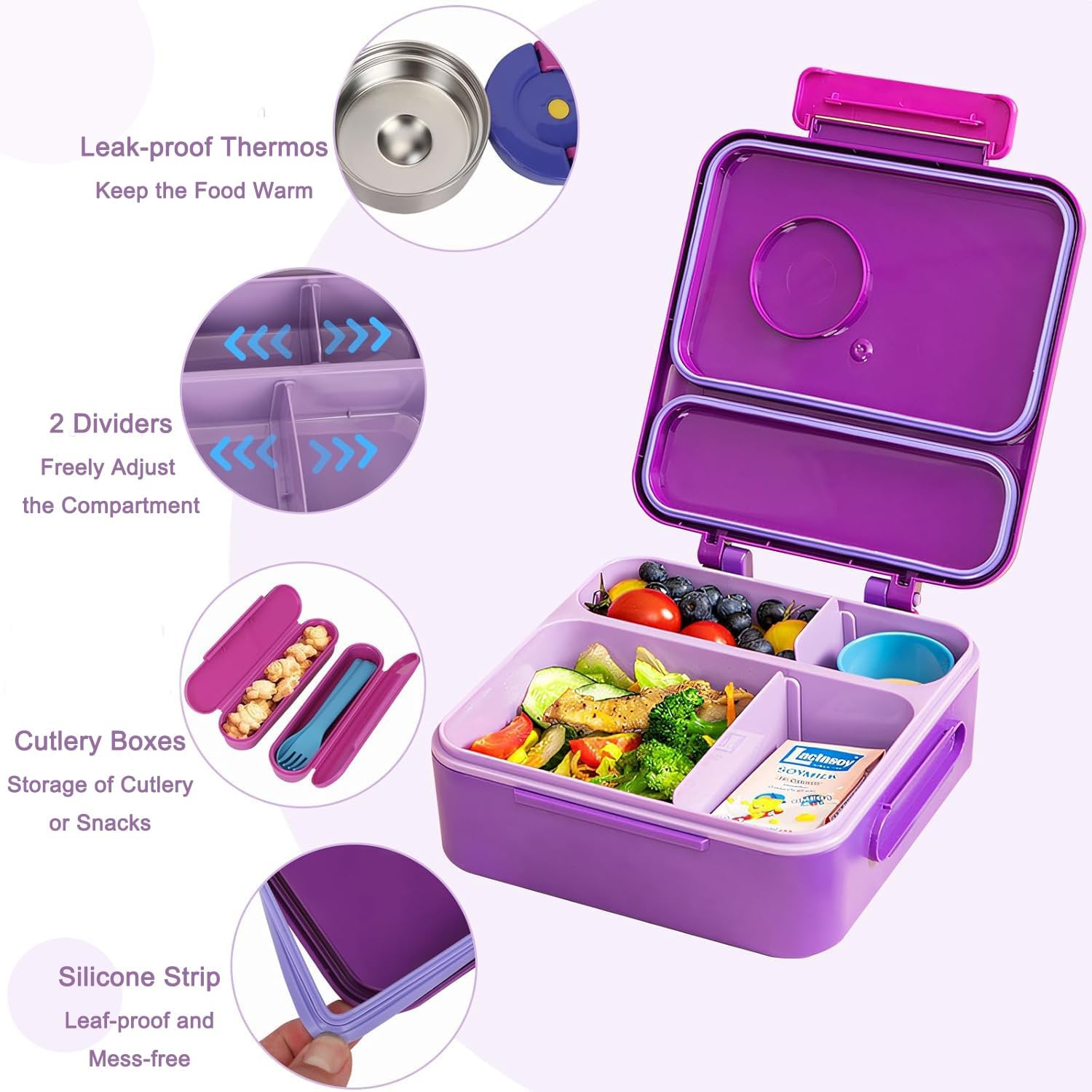 Bento Box for Kids & Adults, Insulated Leak-Proof Lunch Box with Insulated Food Jar for Hot Food, 4-Compartments Lunch Container with Cutlery and Snack Box for School Outdoors Office (Purple) image number 3