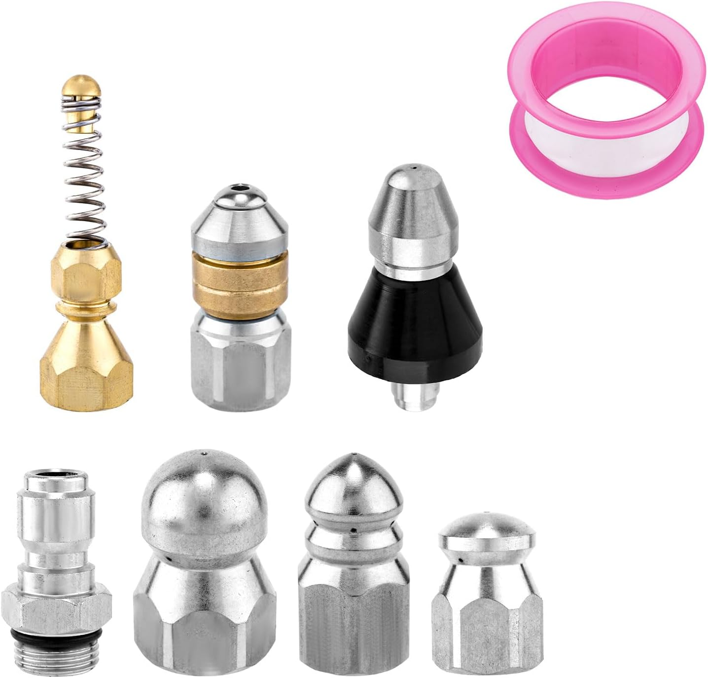 8Pcs Sewer Jetter Nozzle Kit with 1/4" NPT Quick Connectors & Tape, Stainless Steel Pressure Drain Jetter Hose Nozzle for Pressure Washer Sewer Cleaning Tool 5000 PSI image number 5