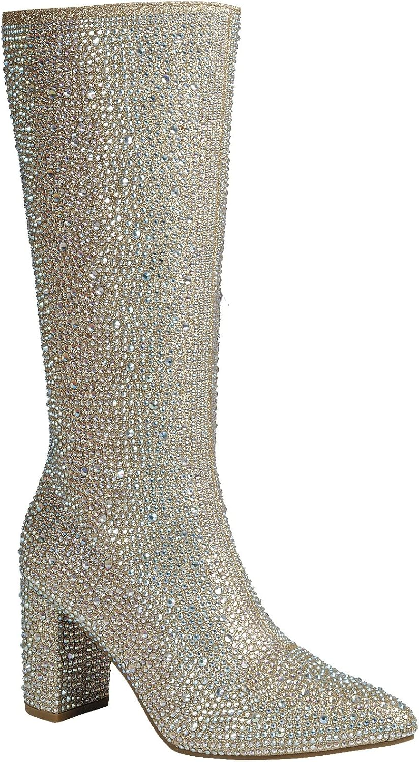 ABSOLEX Women Pointed Toe Rhinestone Block Medium Heel Knee High Boots
